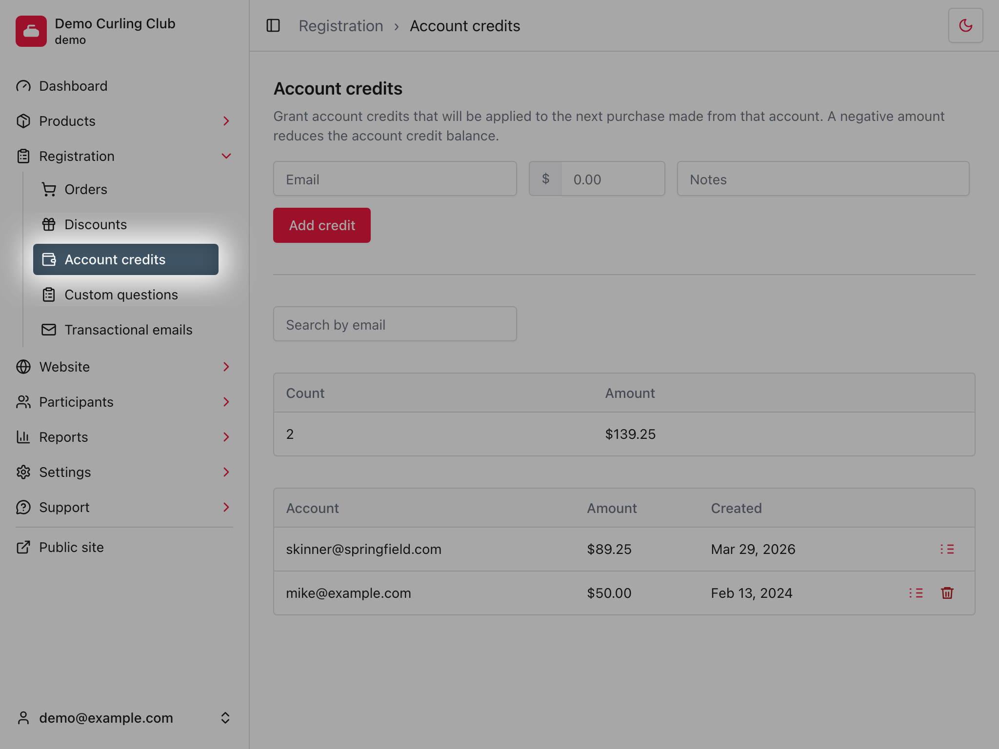 Club Credits page with the grant form, account totals, and existing account balances.