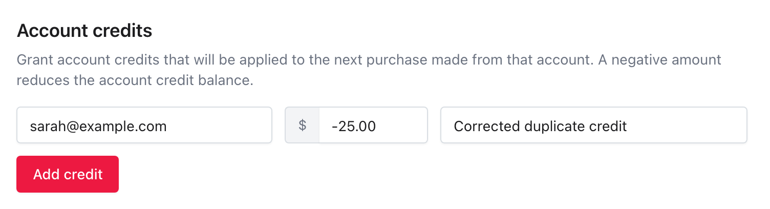 Club credit form completed with a -$25.00 adjustment and a Corrected duplicate credit note.