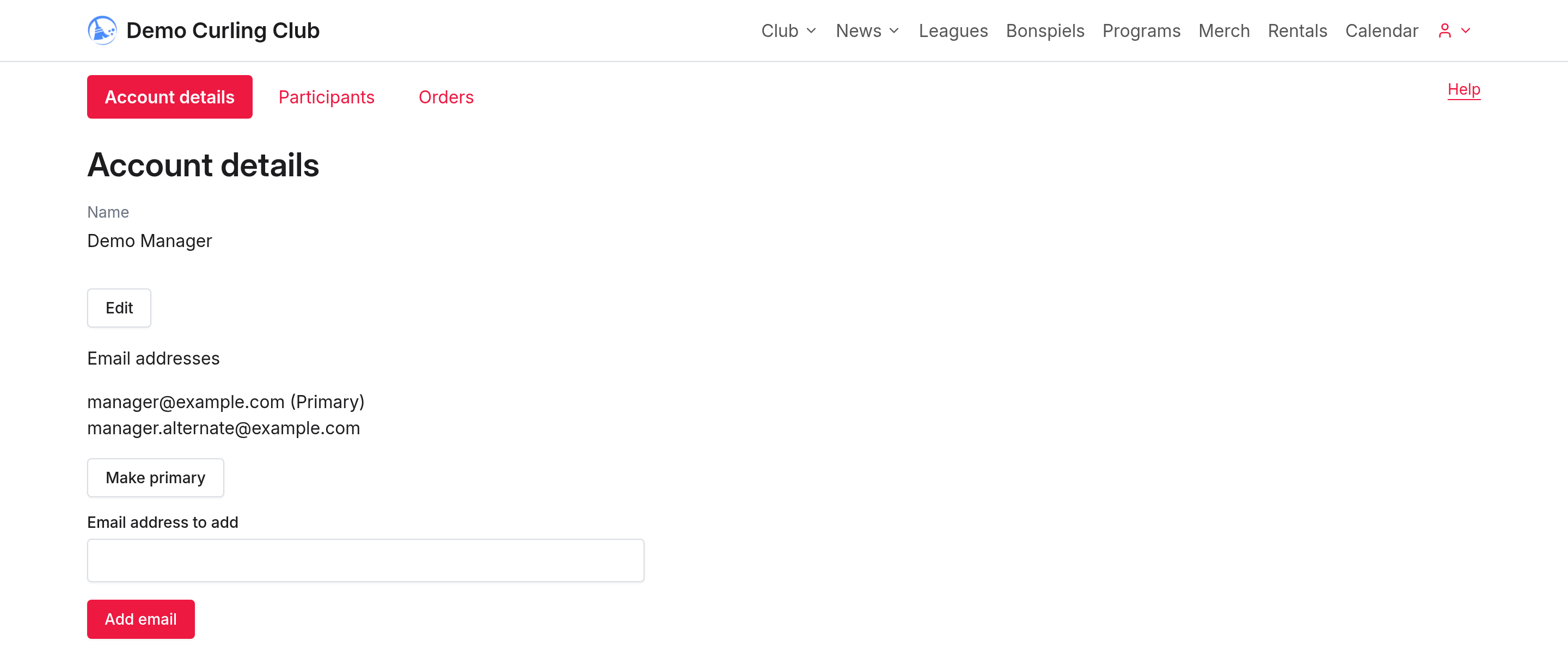 Account details showing the name, verified email addresses and Add email form.