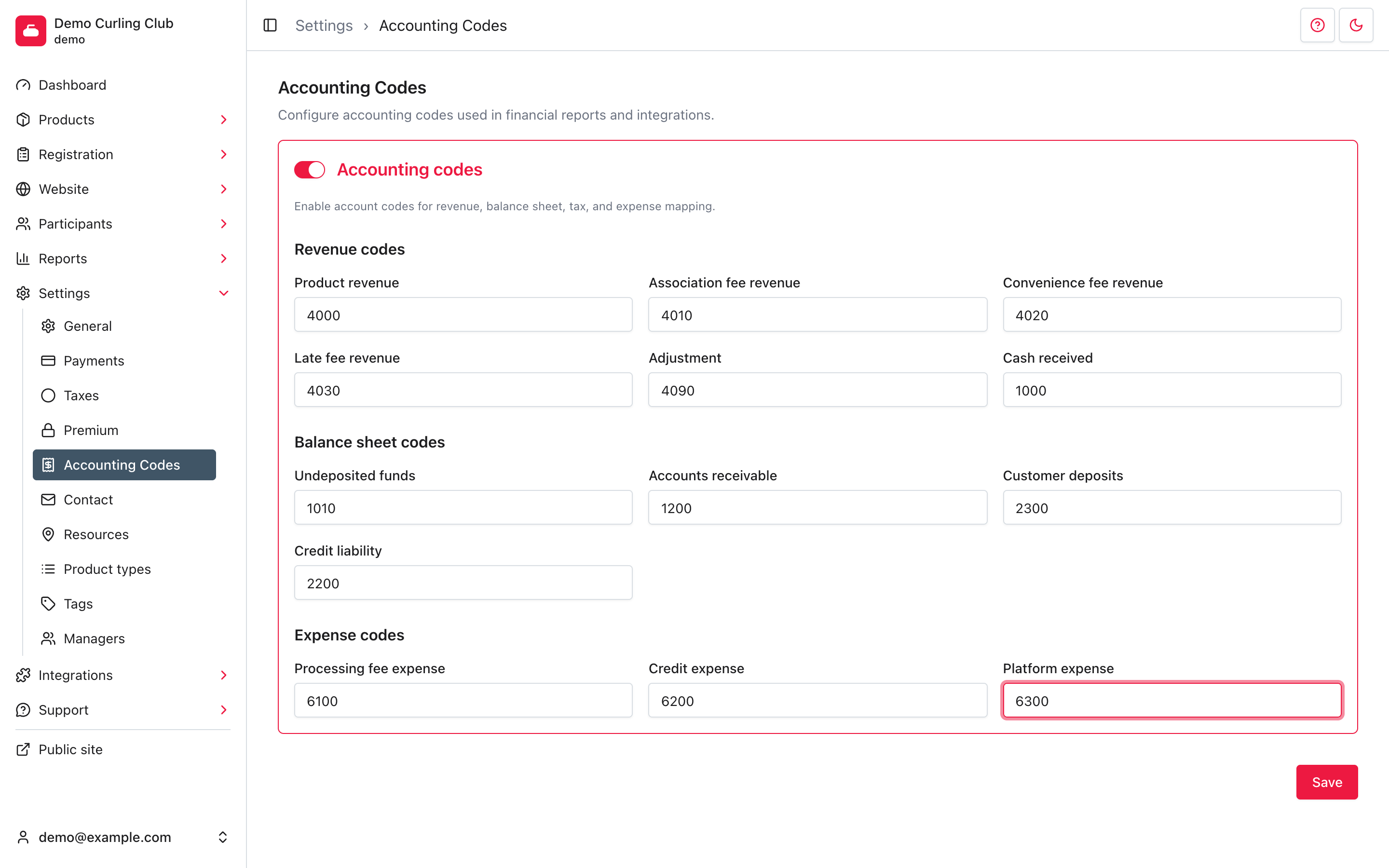 Accounting Codes settings with fictional revenue, balance-sheet, and expense codes saved.