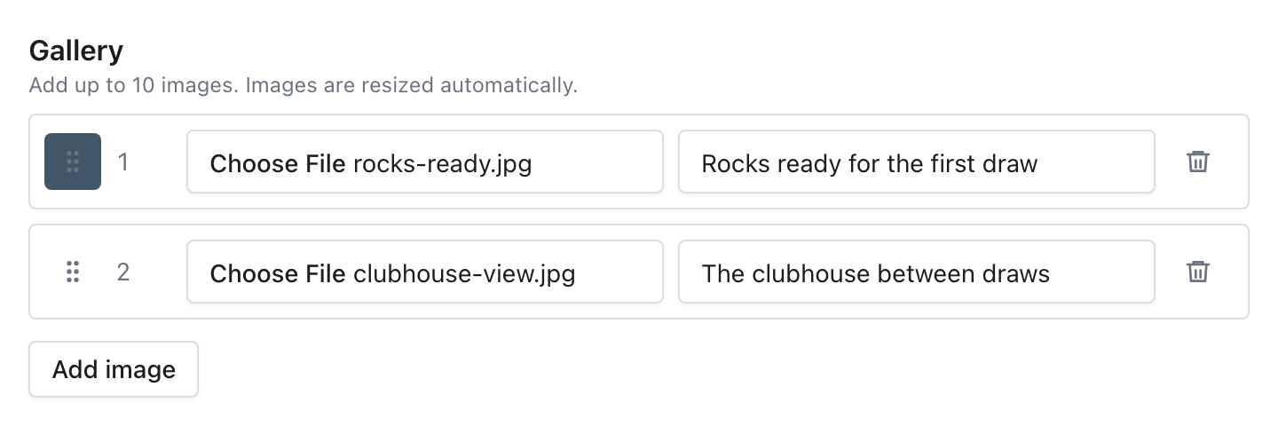 Gallery section with two curling event images, captions, position numbers, drag handles, and remove buttons.