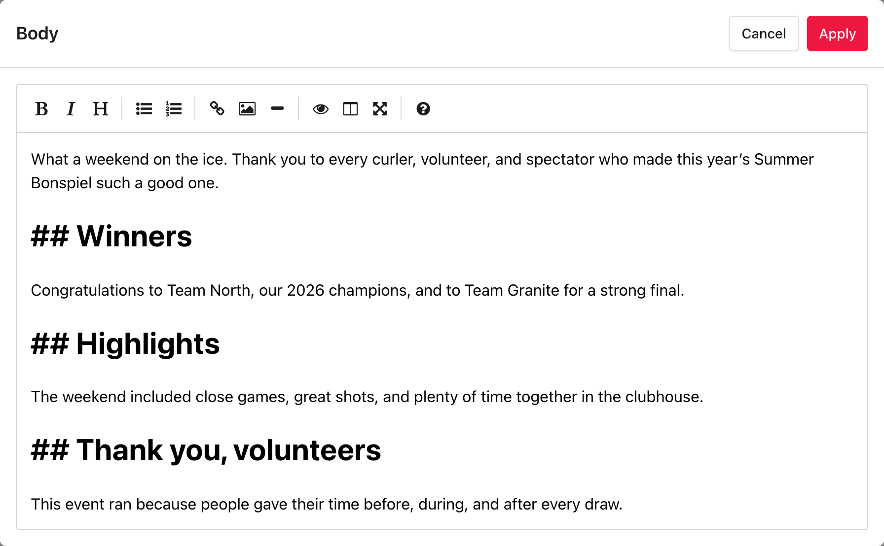 Markdown editor popup with the Summer Bonspiel Recap content and preview controls.