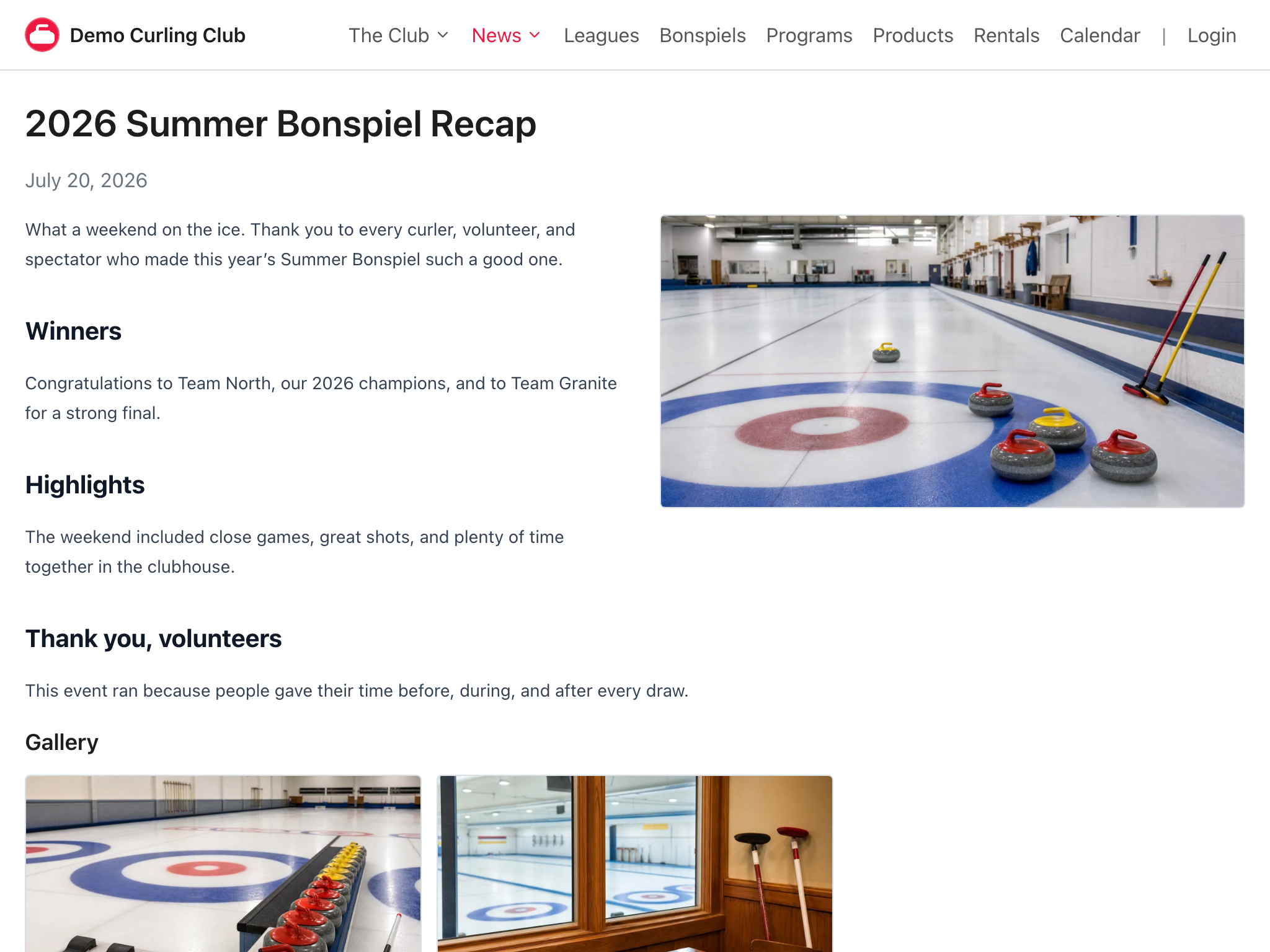 Published Summer Bonspiel Recap Article on the public website.