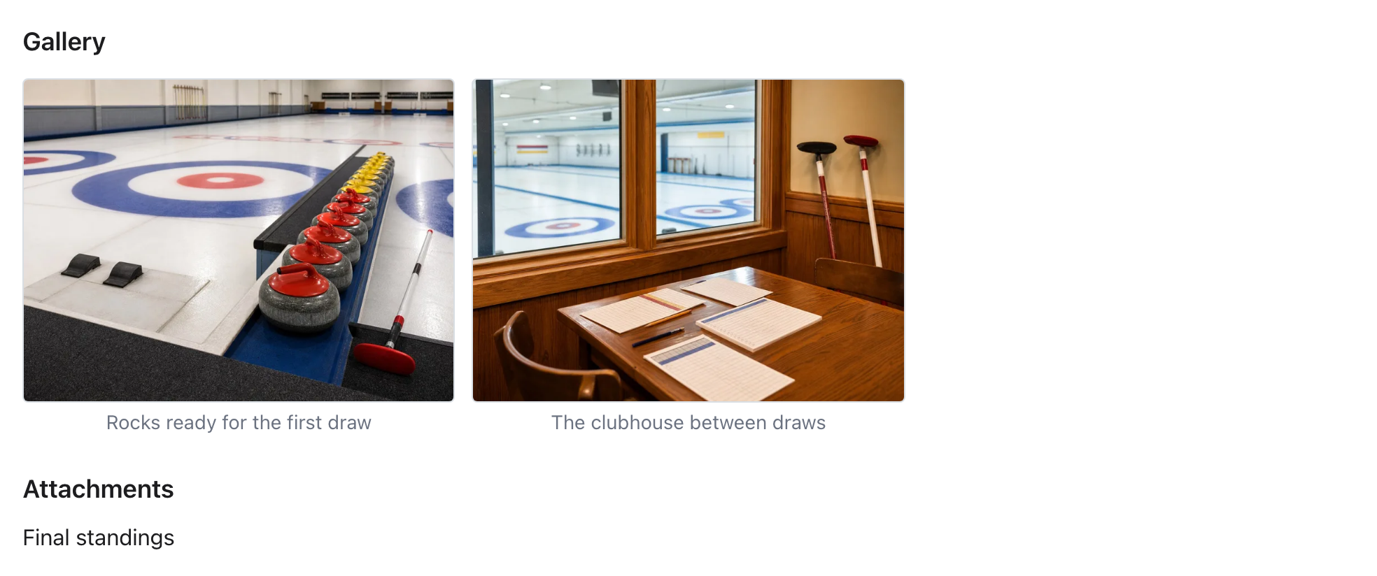 Public Article Gallery with two images and a Final standings Attachment link.