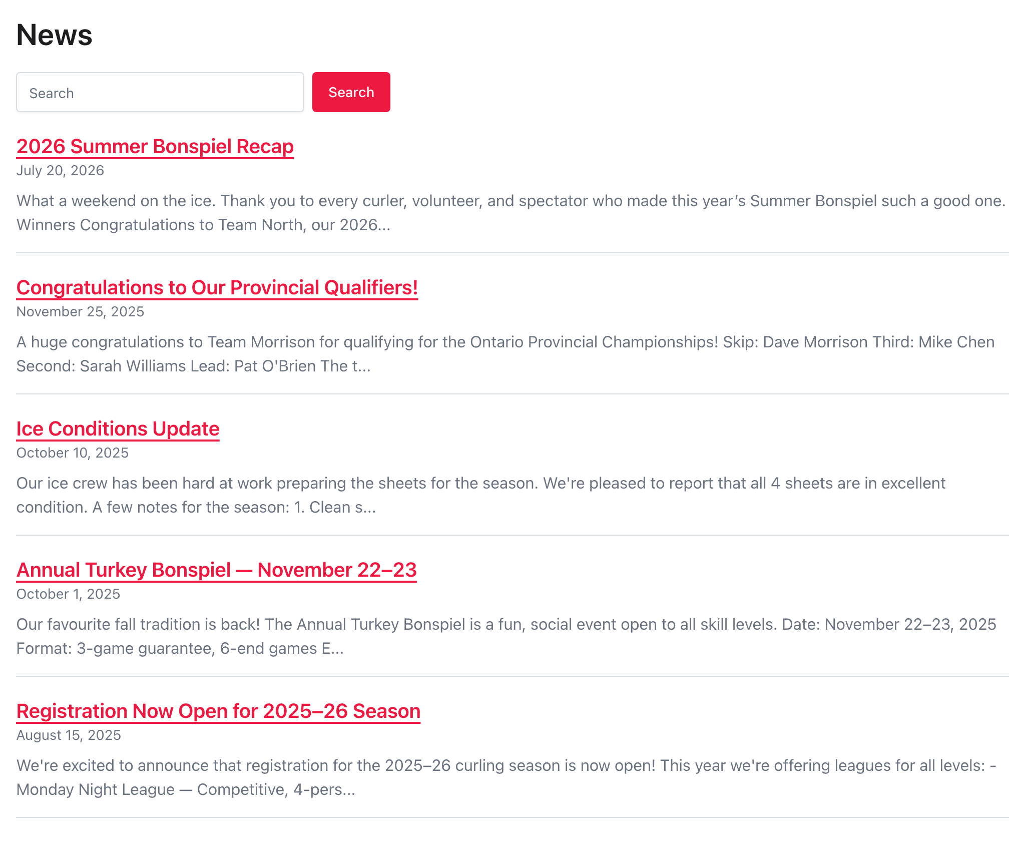 Public News page with the Summer Bonspiel Recap Article, its published date, an excerpt, and the Search field.