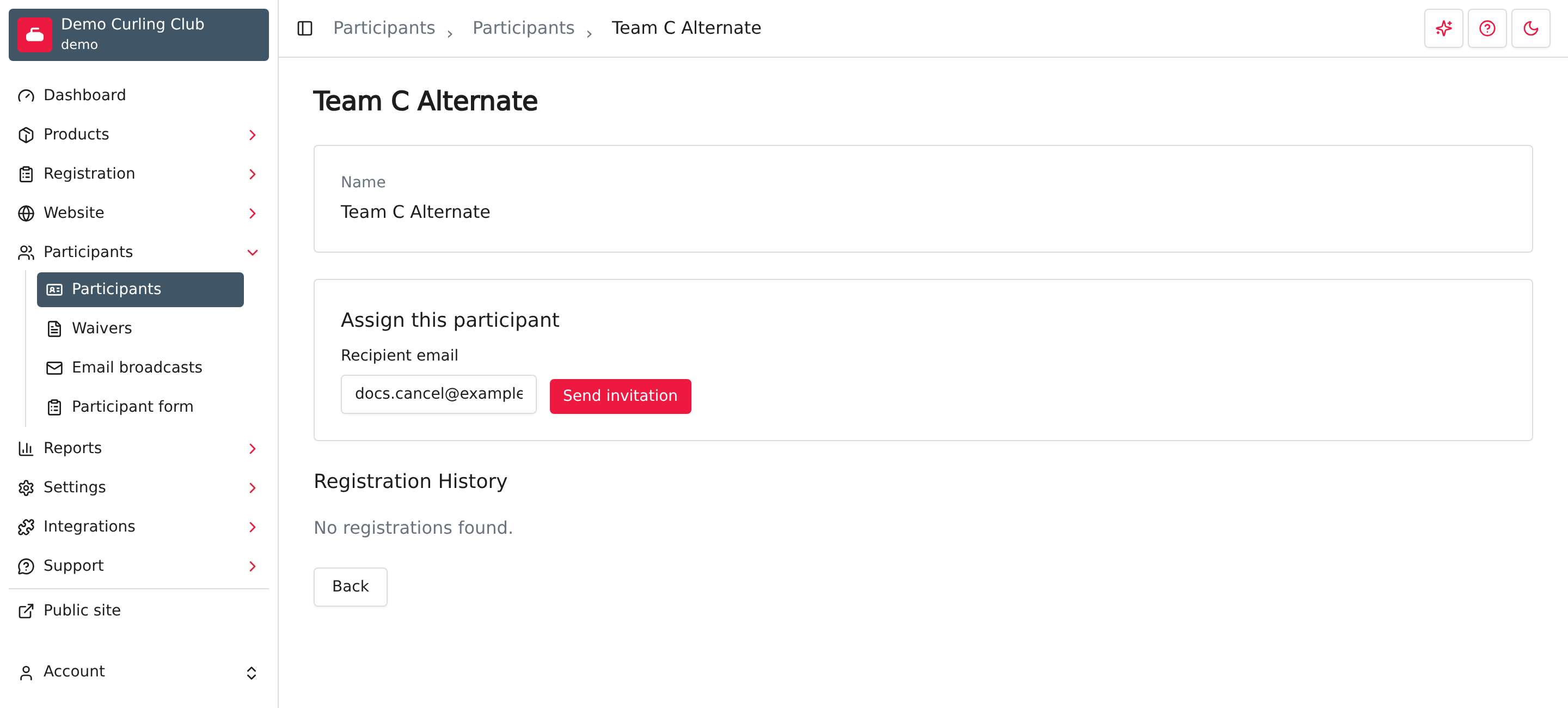 An unassigned fictional participant with the Recipient email and Send invitation controls.