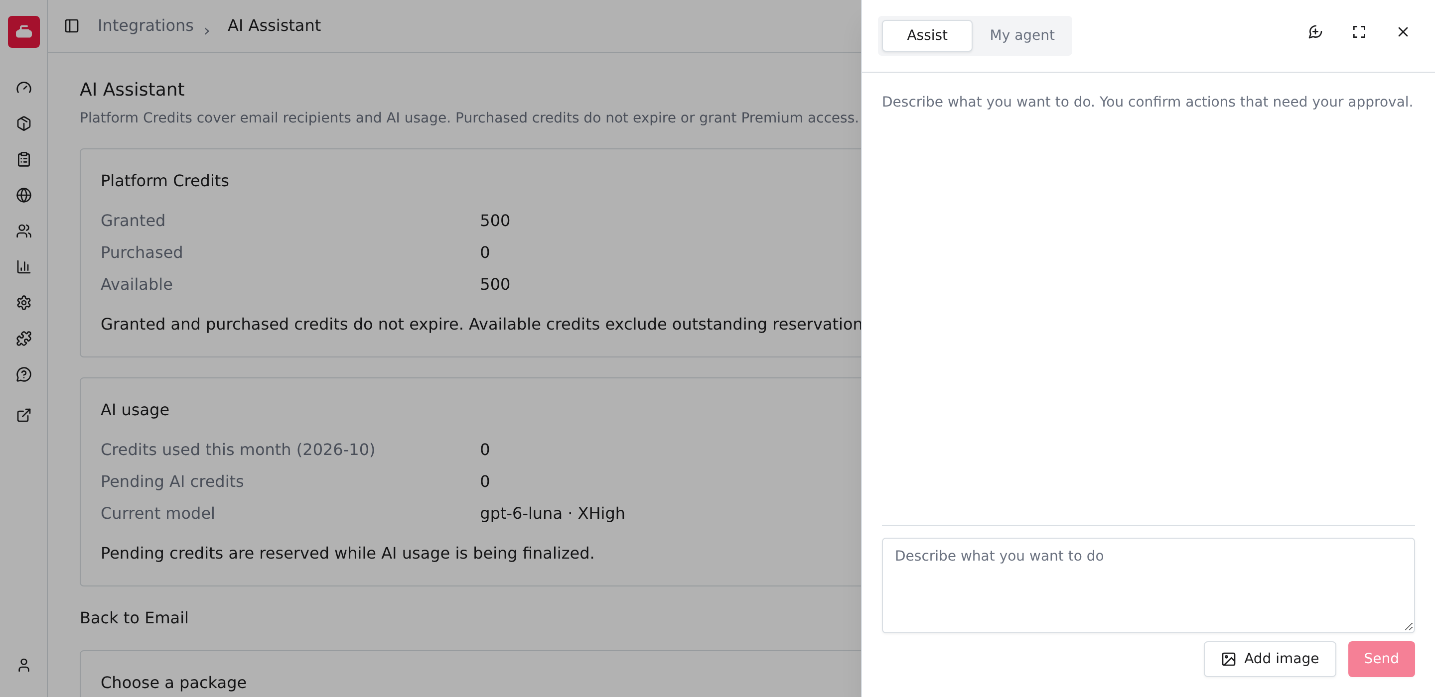 The built-in Assist tab with its Message box, Add image and Send controls, before sending a prompt.