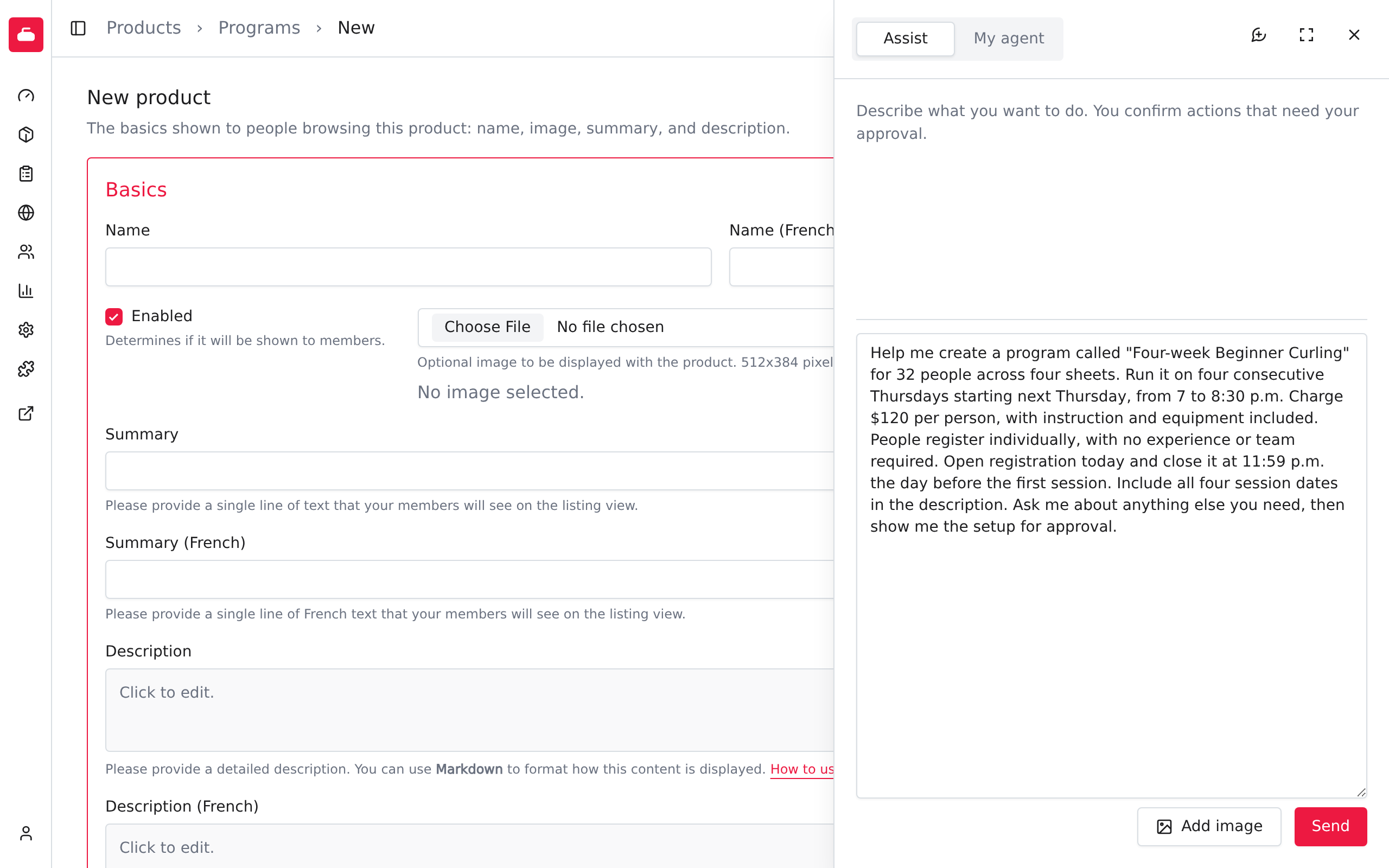 An opening request ready to send to the AI Assistant from New product, describing the four-week beginner program to create.