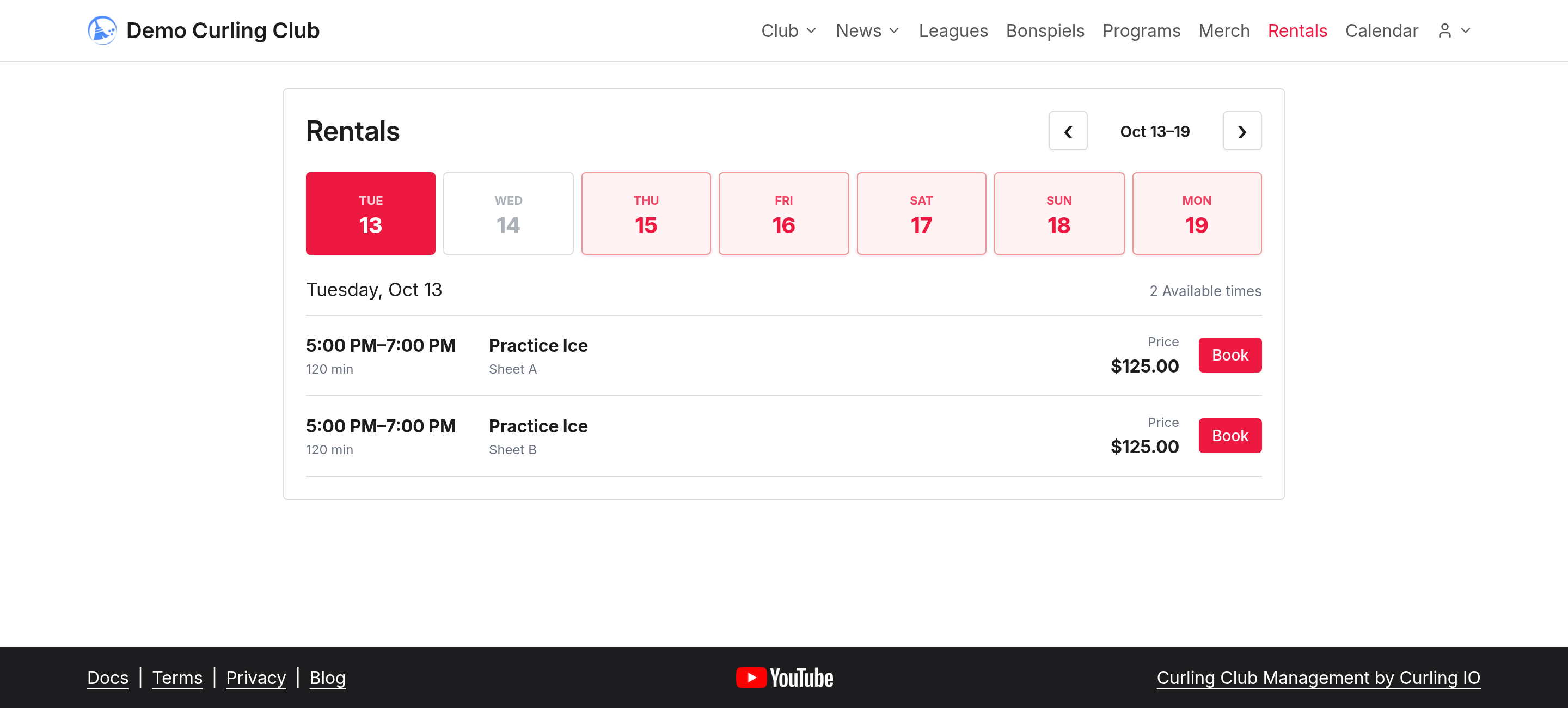 Available Practice Ice times for Sheet A and Sheet B, with the duration, price and Book actions.