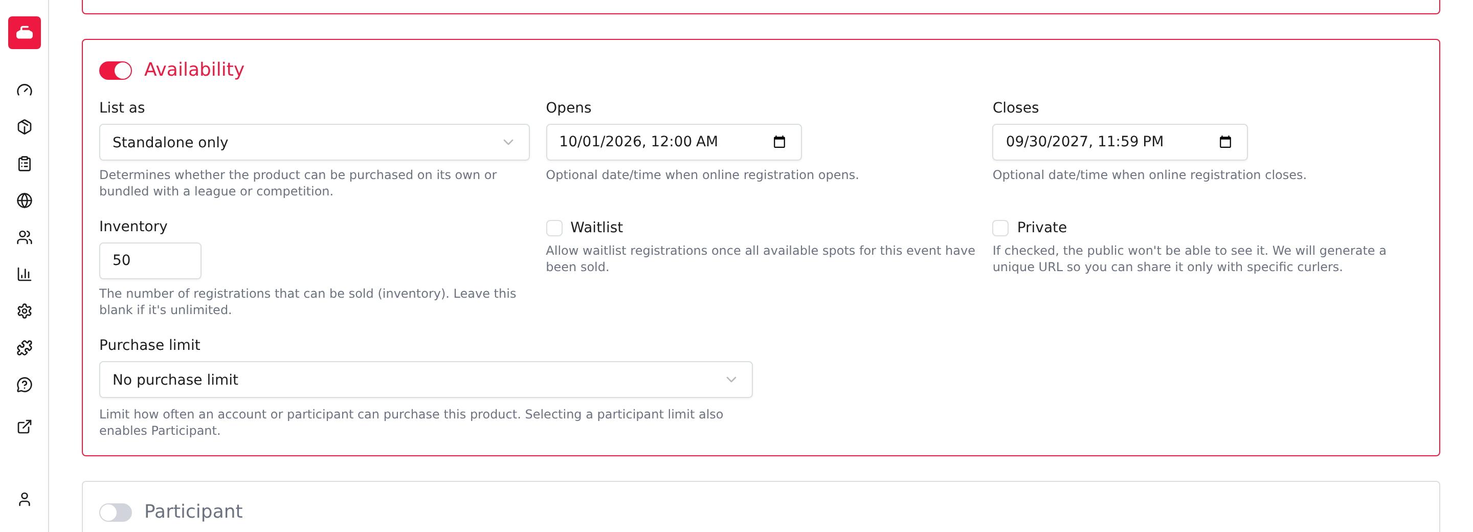 Availability enabled with Standalone only, inventory 50, a complete purchase window and Private unchecked.