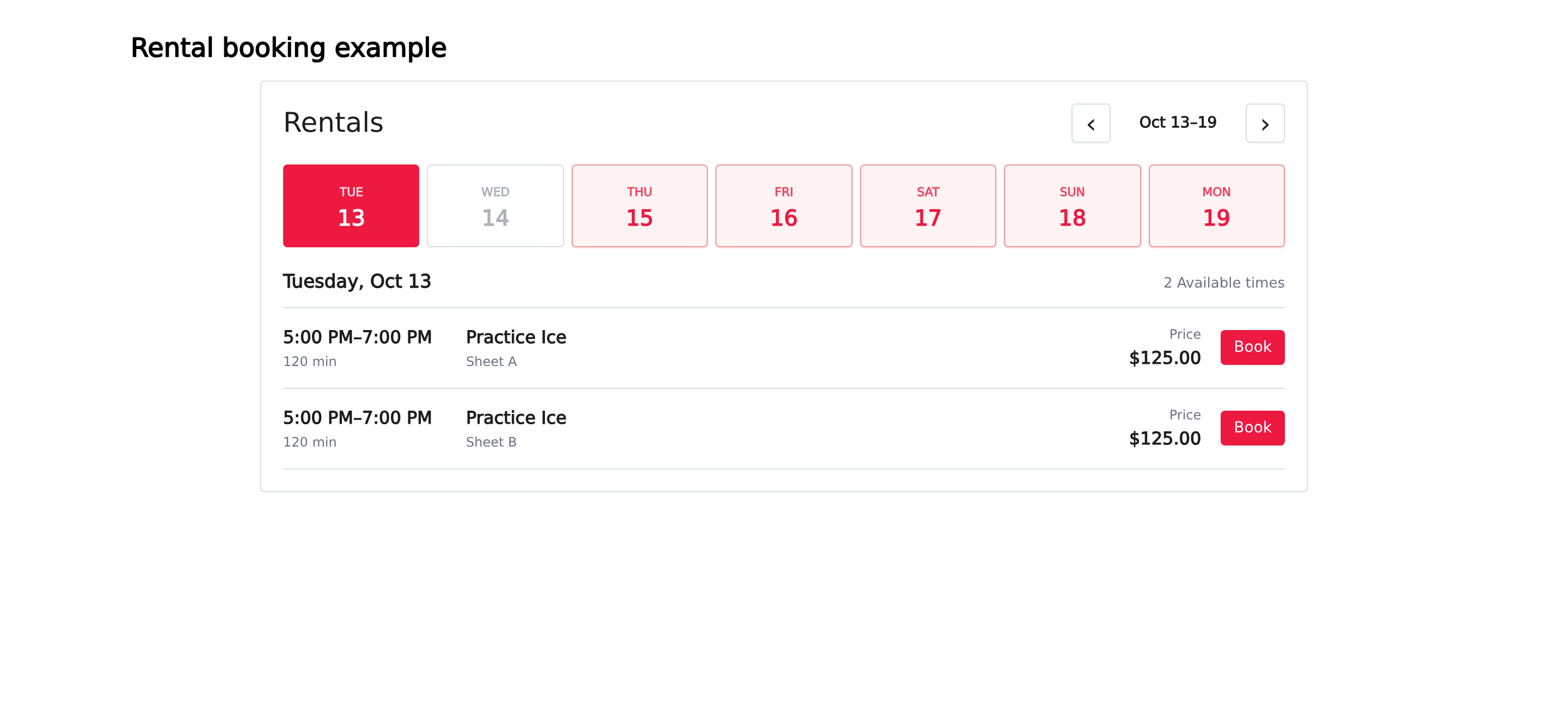 Practice Ice rental availability on a separate example website.