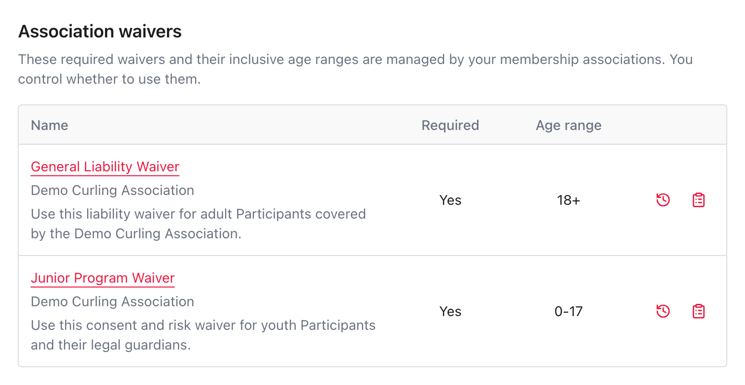 Association waivers table showing enabled and disabled managed waivers, including one that can be enabled.