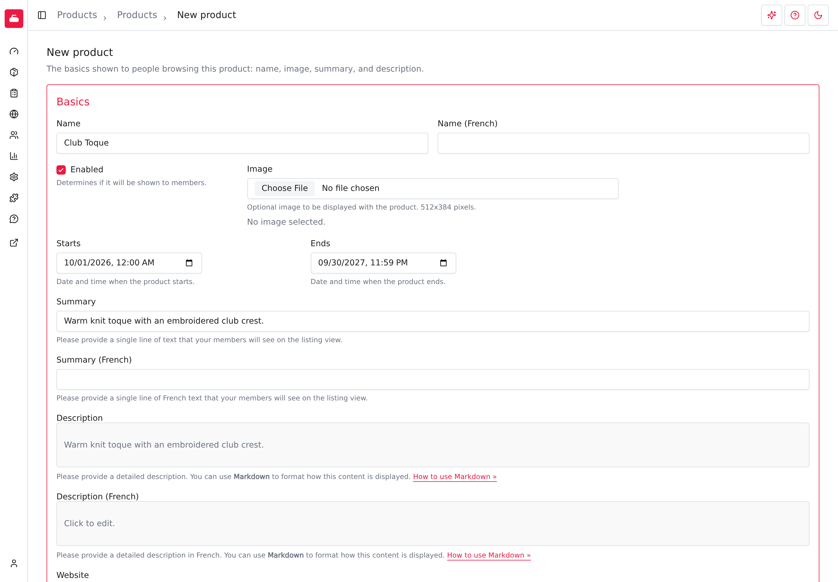 New product form with Club Toque, Enabled checked, the selling dates, summary and description.