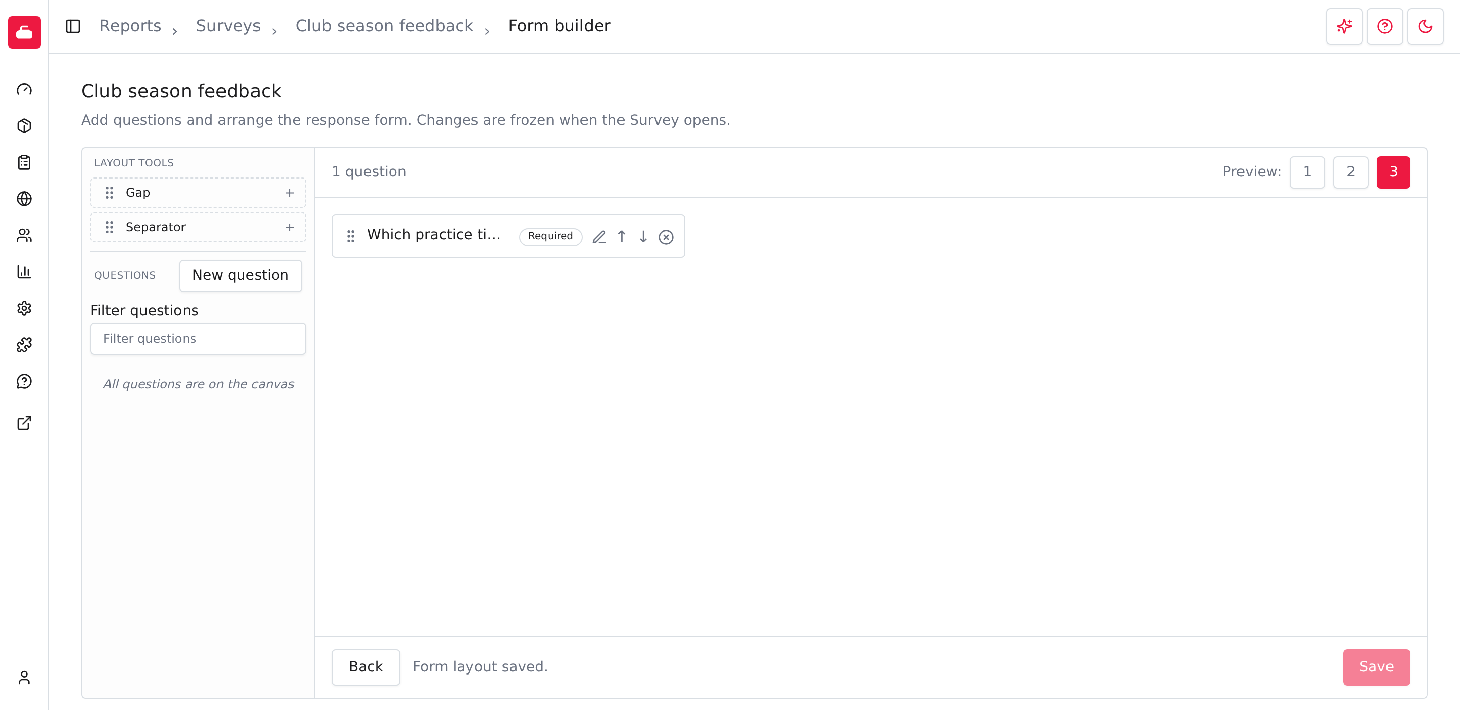A prepared club survey in the Form builder.