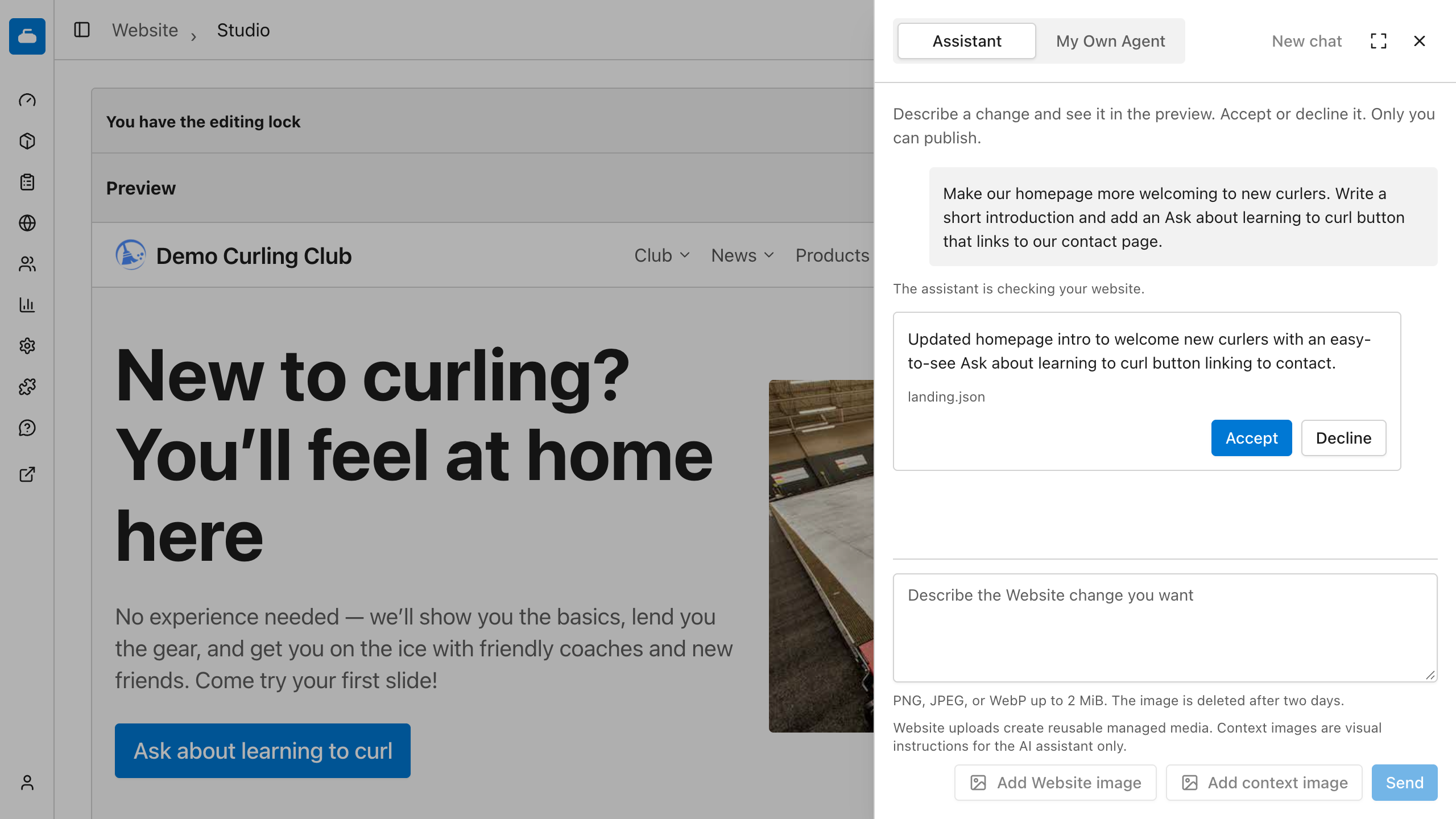 Curling IO’s built-in assistant showing a changed preview with Accept and Decline.
