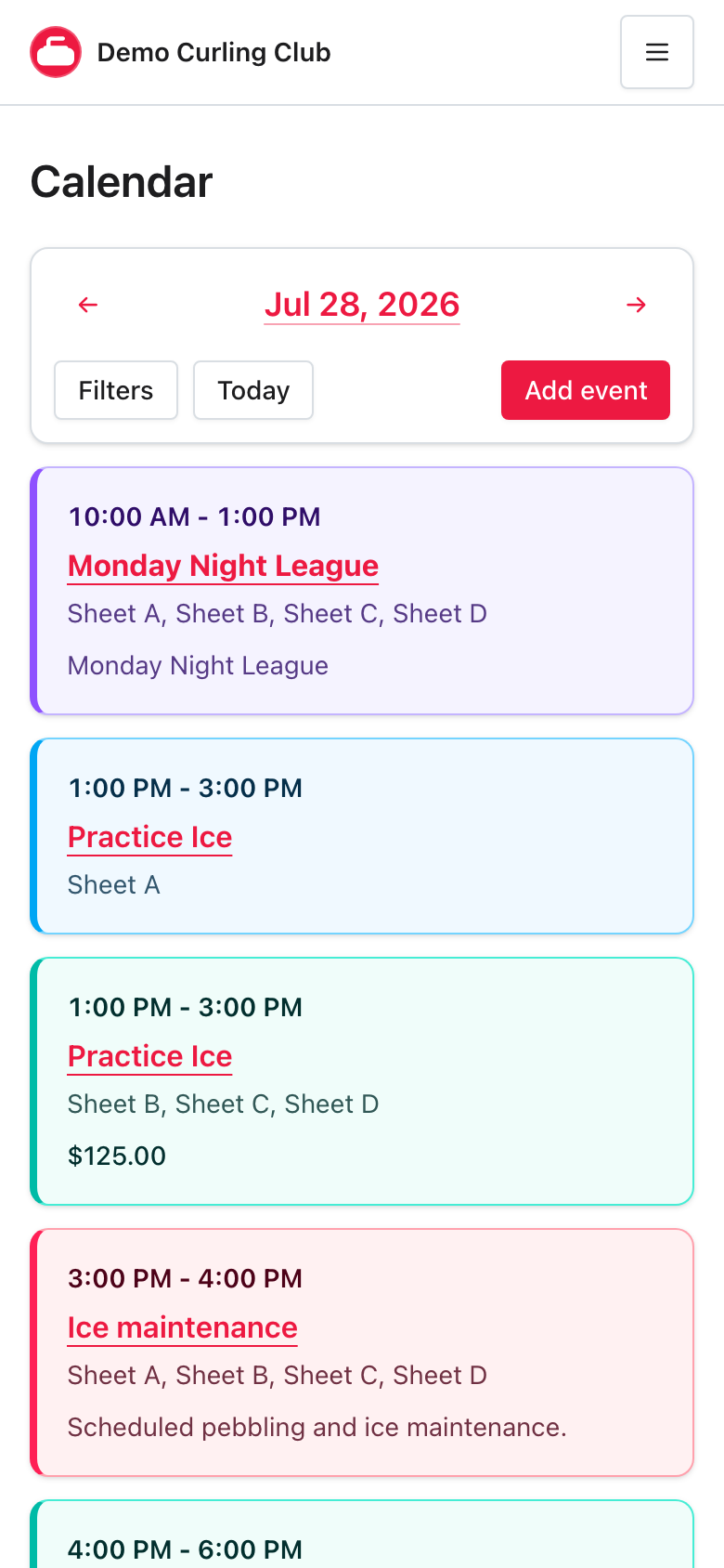 Phone Day view showing date controls and scheduled activity as a chronological list
