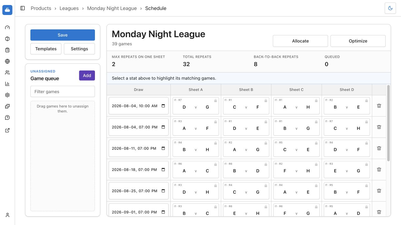 A league draw schedule in the Curling IO v3 event editor