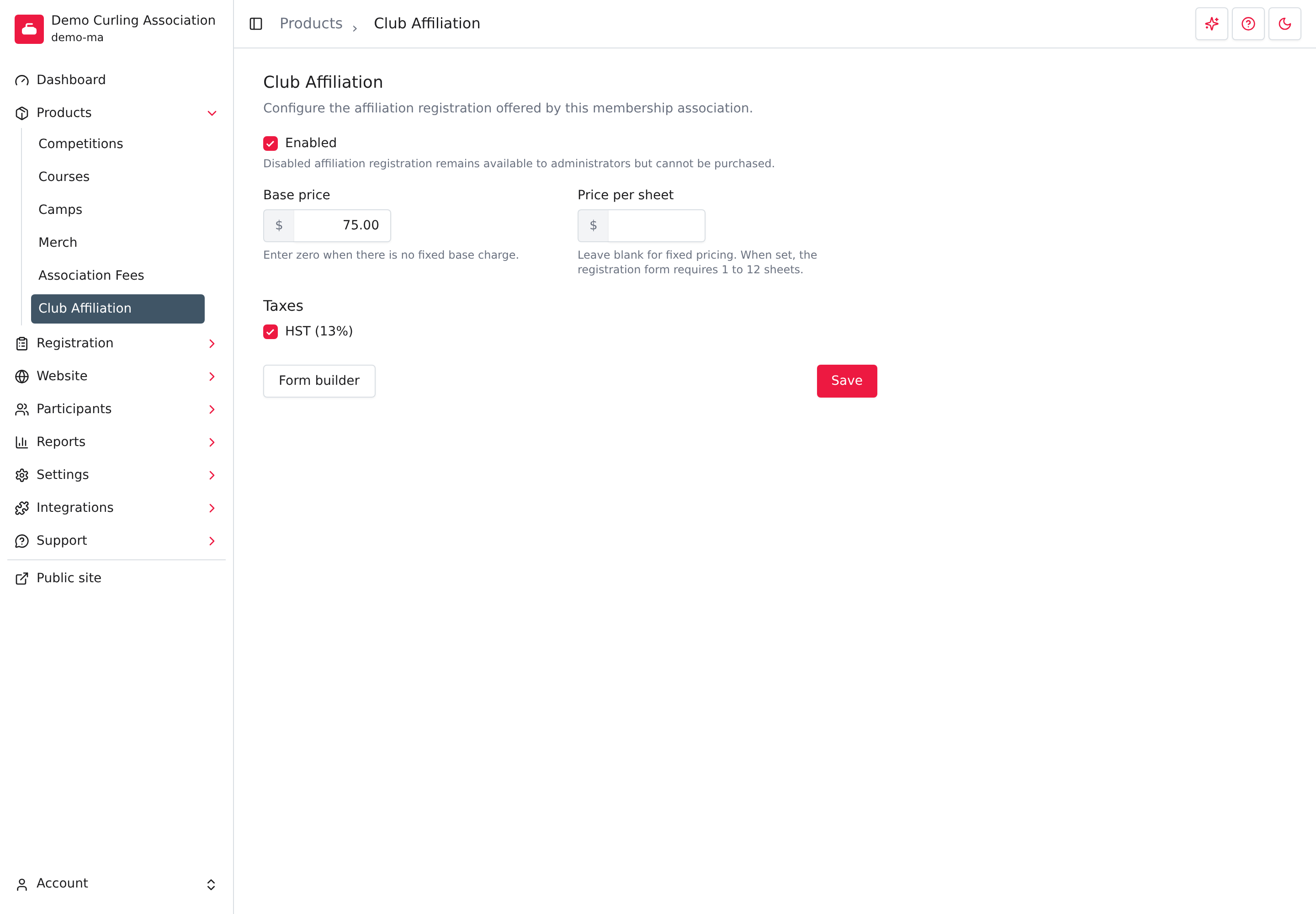 The Club Affiliation settings page, with Products and Club Affiliation highlighted in the admin menu