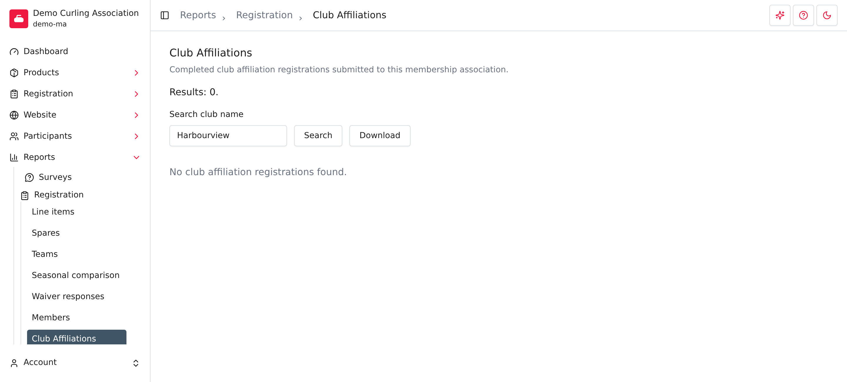 Club Affiliations report with a club-name search and no submitted registrations