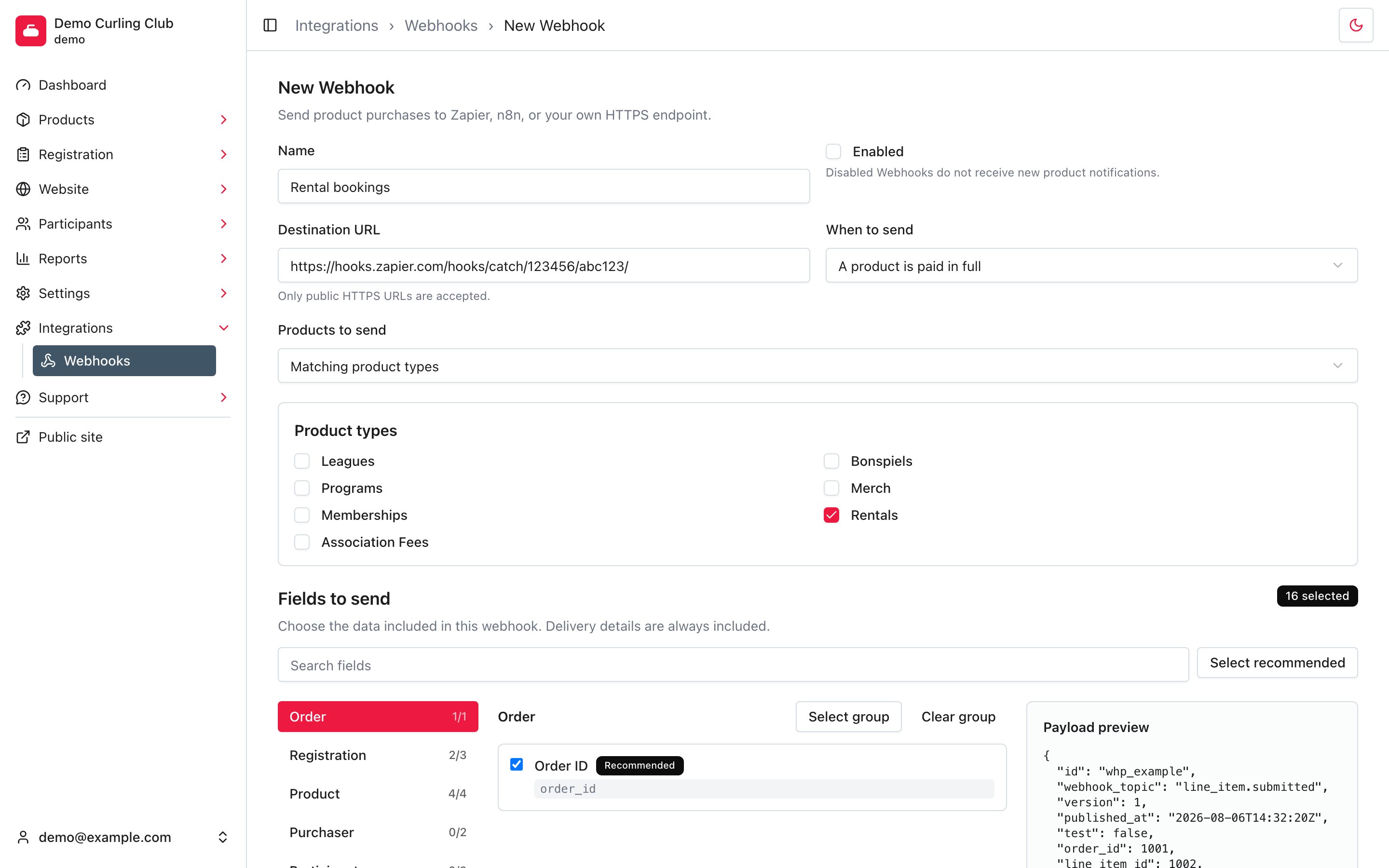 A Curling IO webhook configured to send paid rental purchases to Zapier.