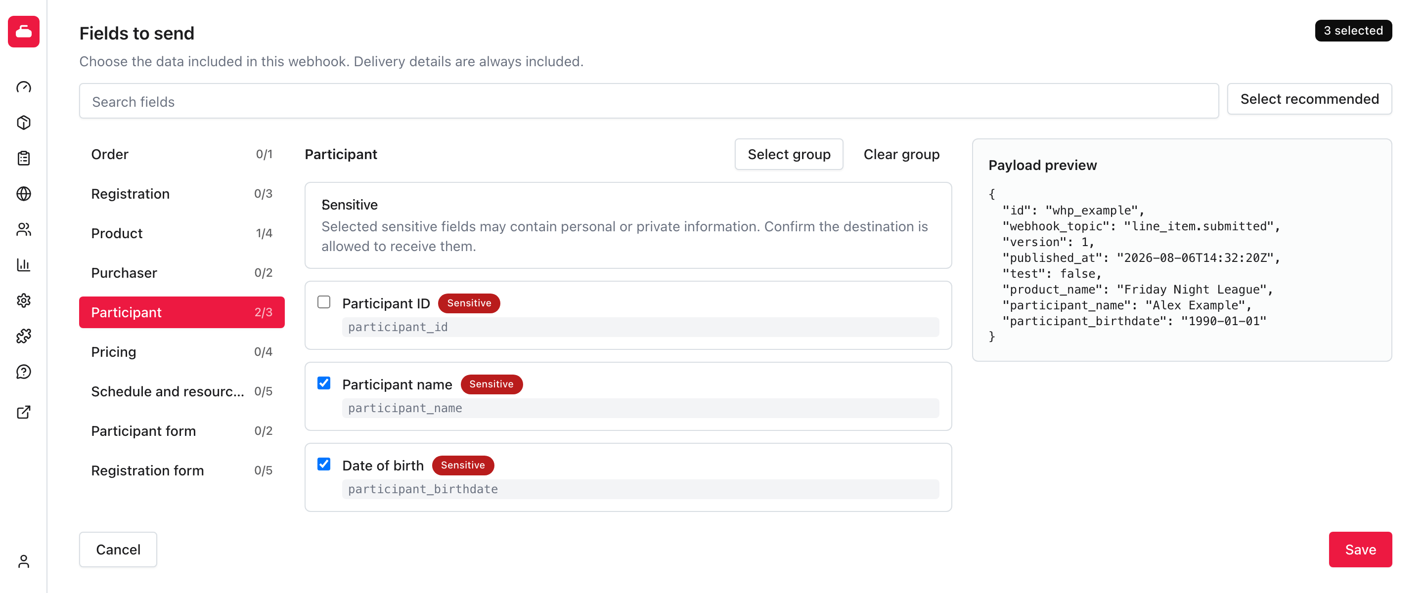 A webhook payload preview with product name and sensitive participant fields selected.