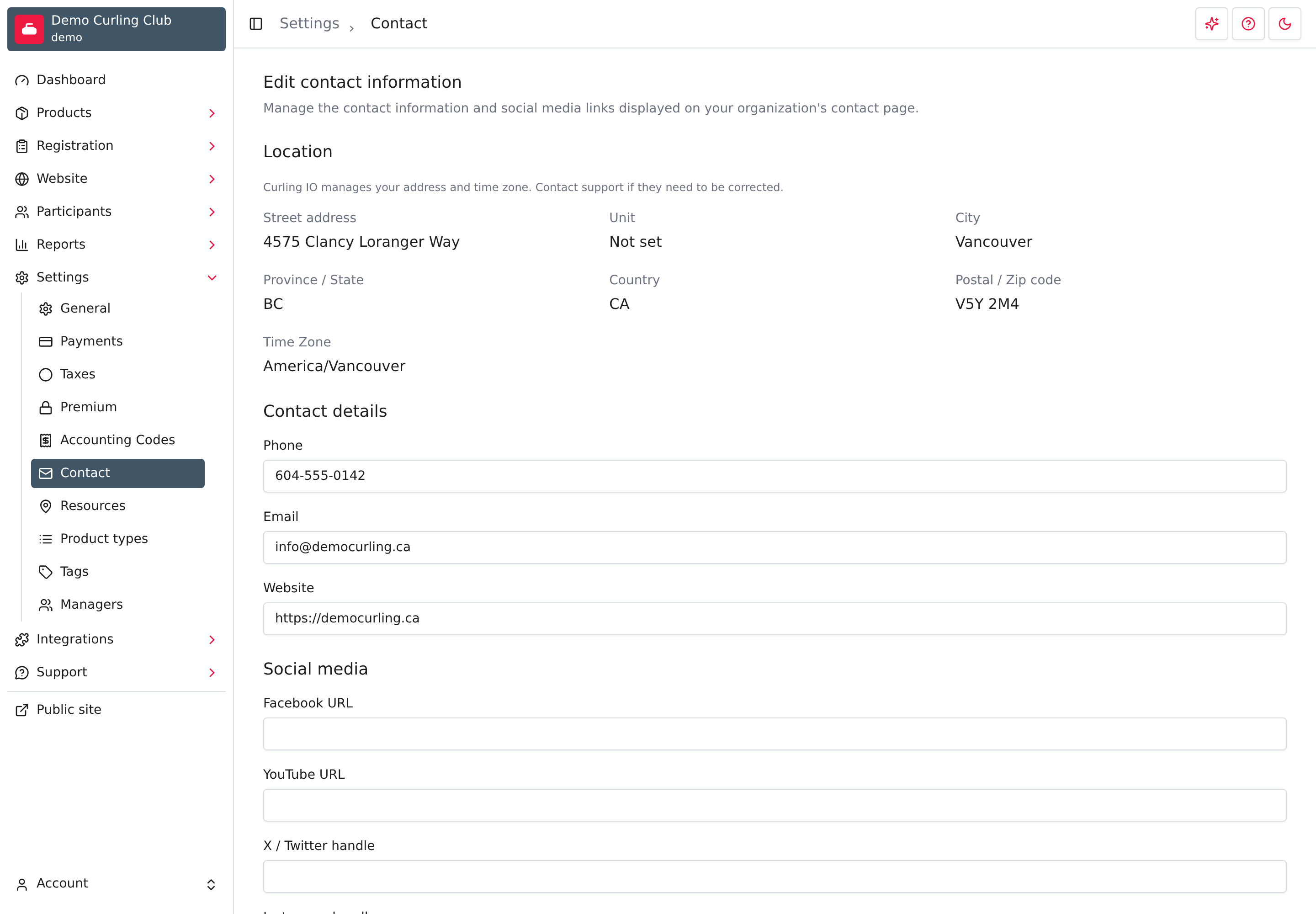 Contact settings showing the read-only location and editable contact details