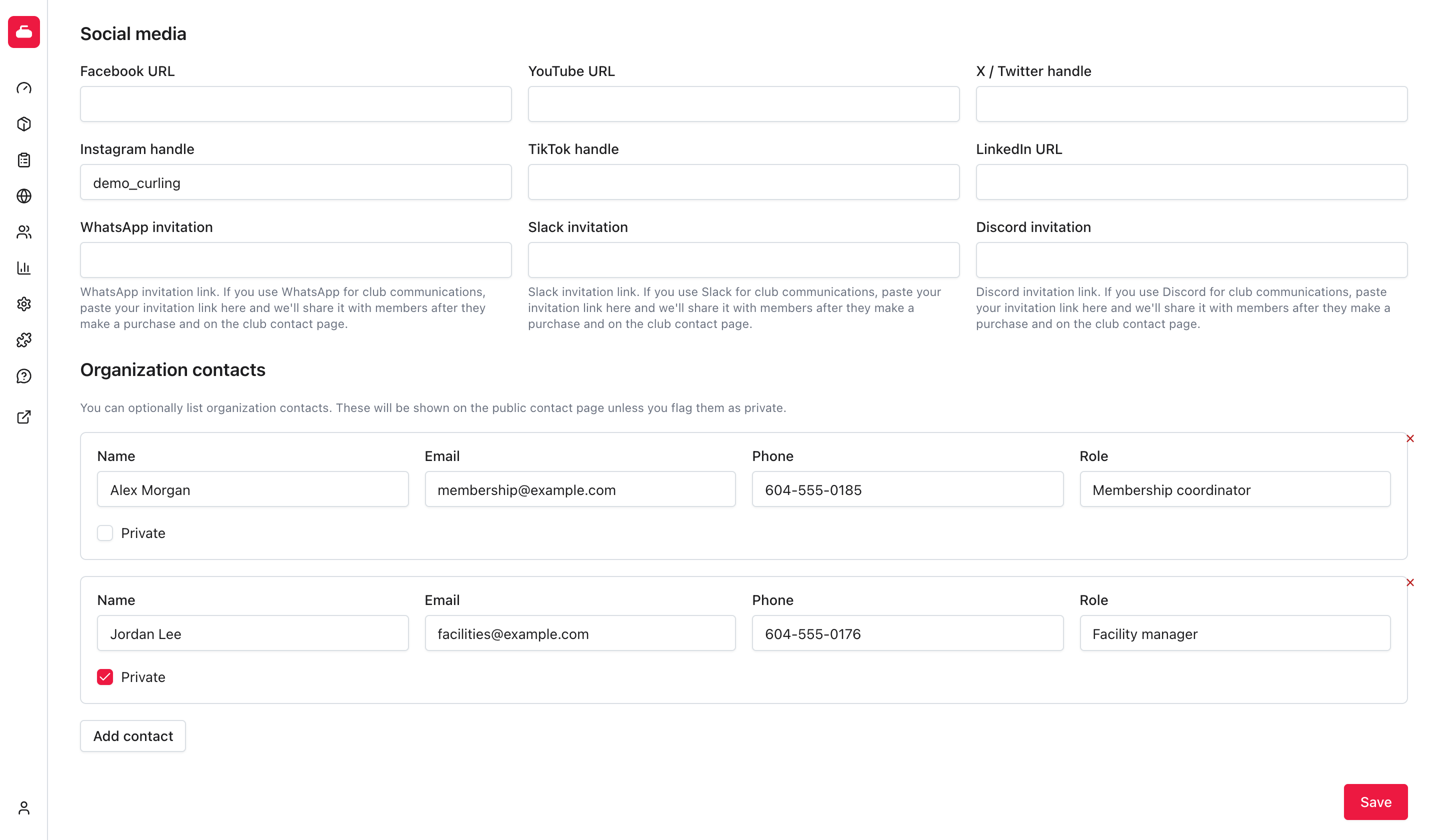 Social media fields and two organization contacts, with the second contact marked Private