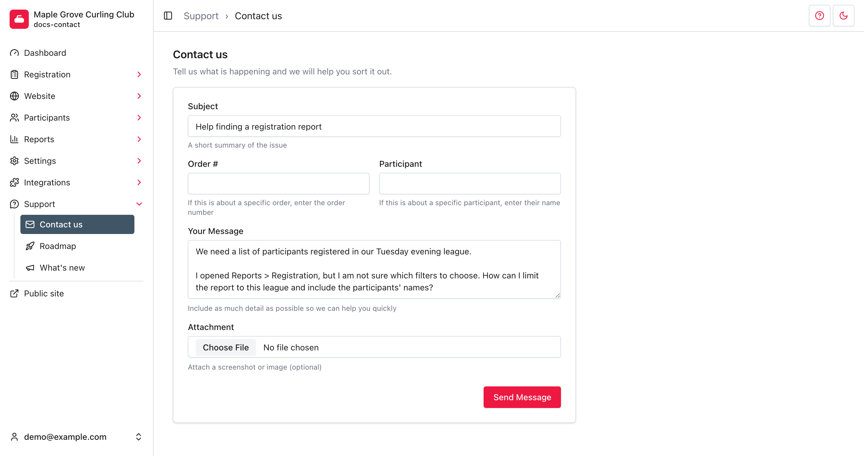 Contact us in the Support menu, with an example message ready to send