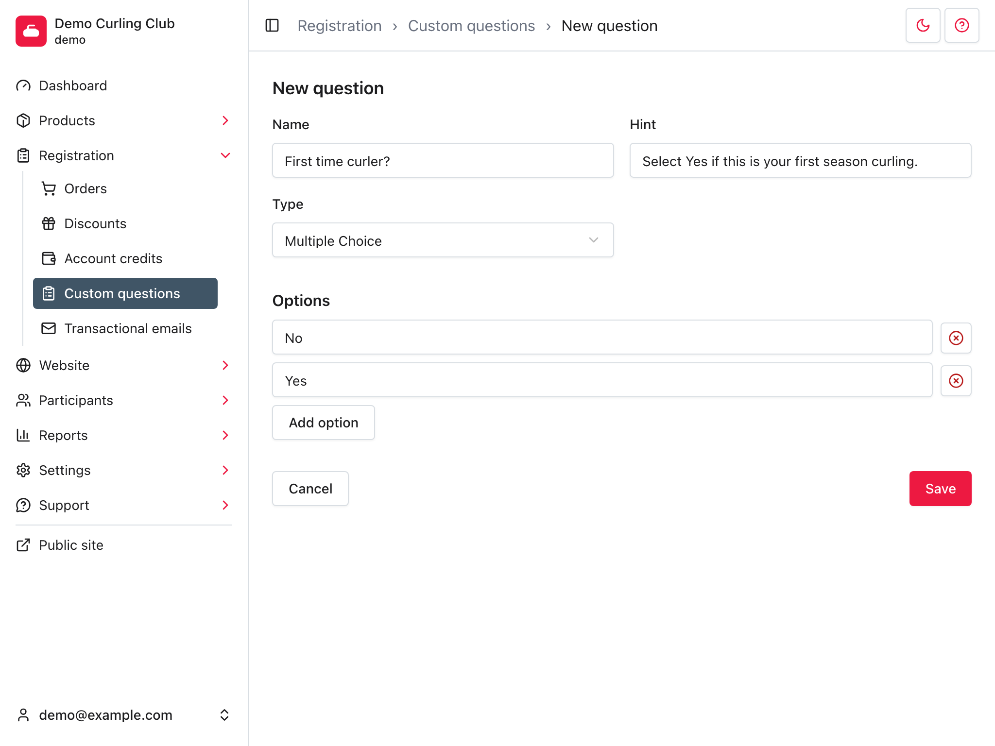 New custom question form using Multiple Choice with Yes and No options.
