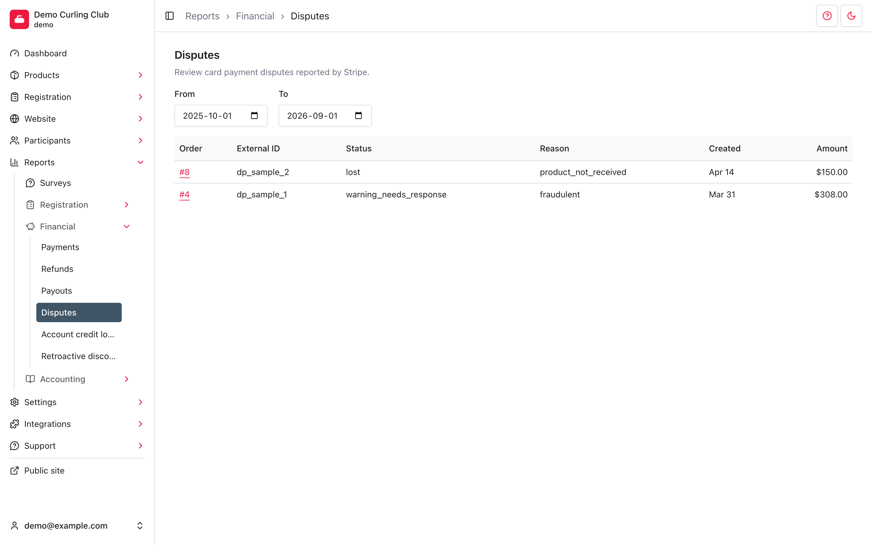 Disputes report with date filters and Stripe dispute rows.
