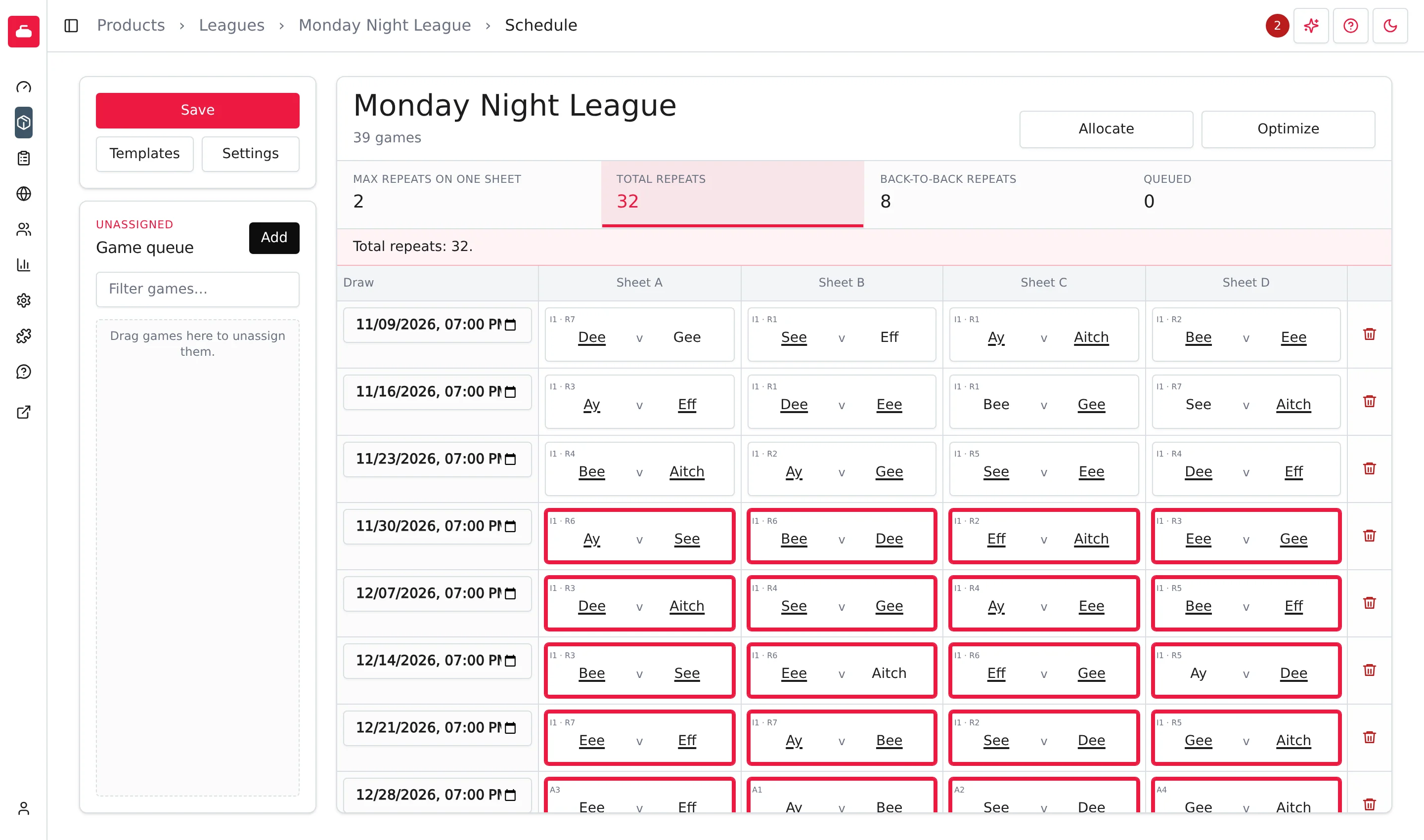 Draw scheduling workbench highlighting teams that play each other more than once