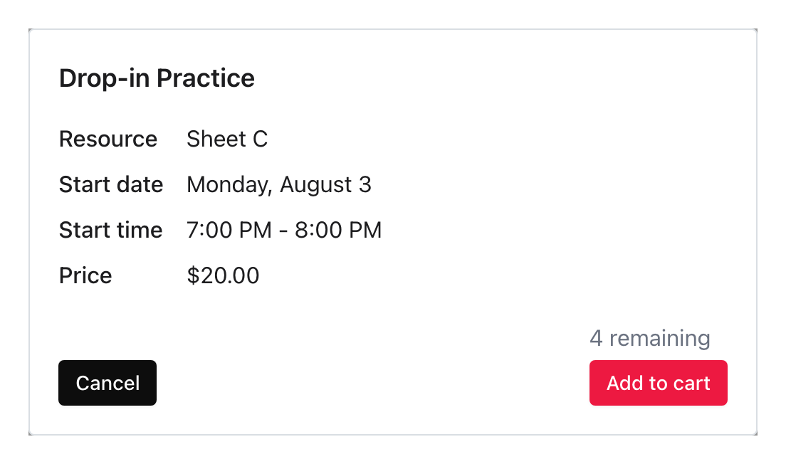 Drop-in Practice dialog showing capacity for four more Bookings