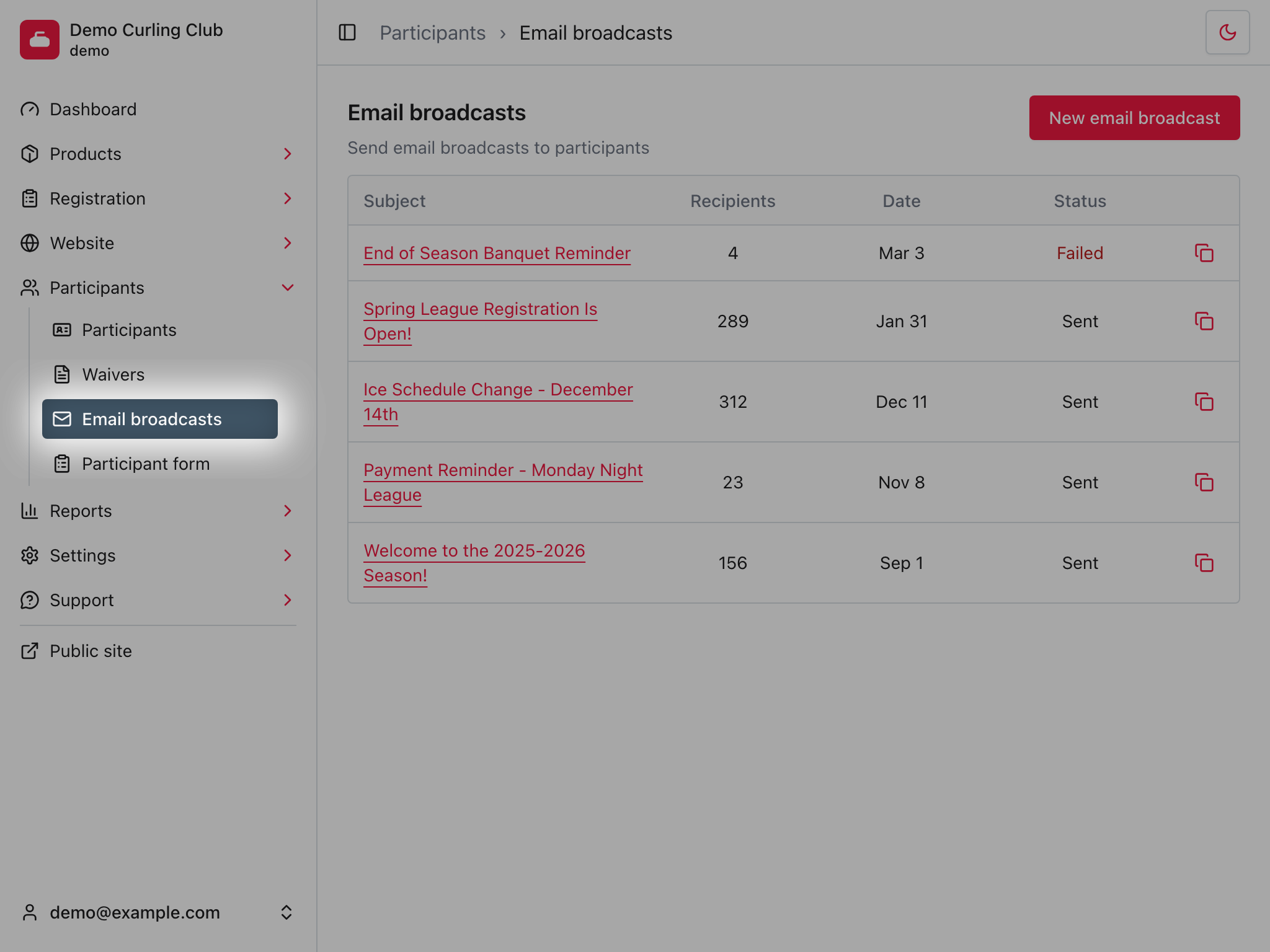 Email Broadcasts administration screen with previous broadcasts, their recipient counts, dates, statuses, and the New email broadcast button.