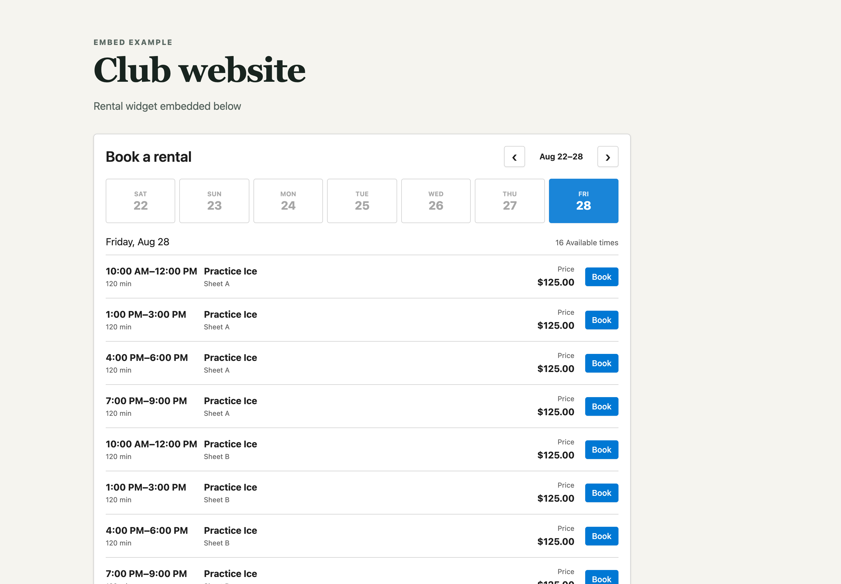 The Curling IO rental widget embedded on a curling club's practice ice page.