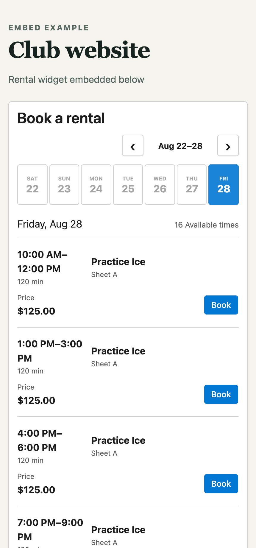 The embedded rental widget adapted to a club website on a phone.