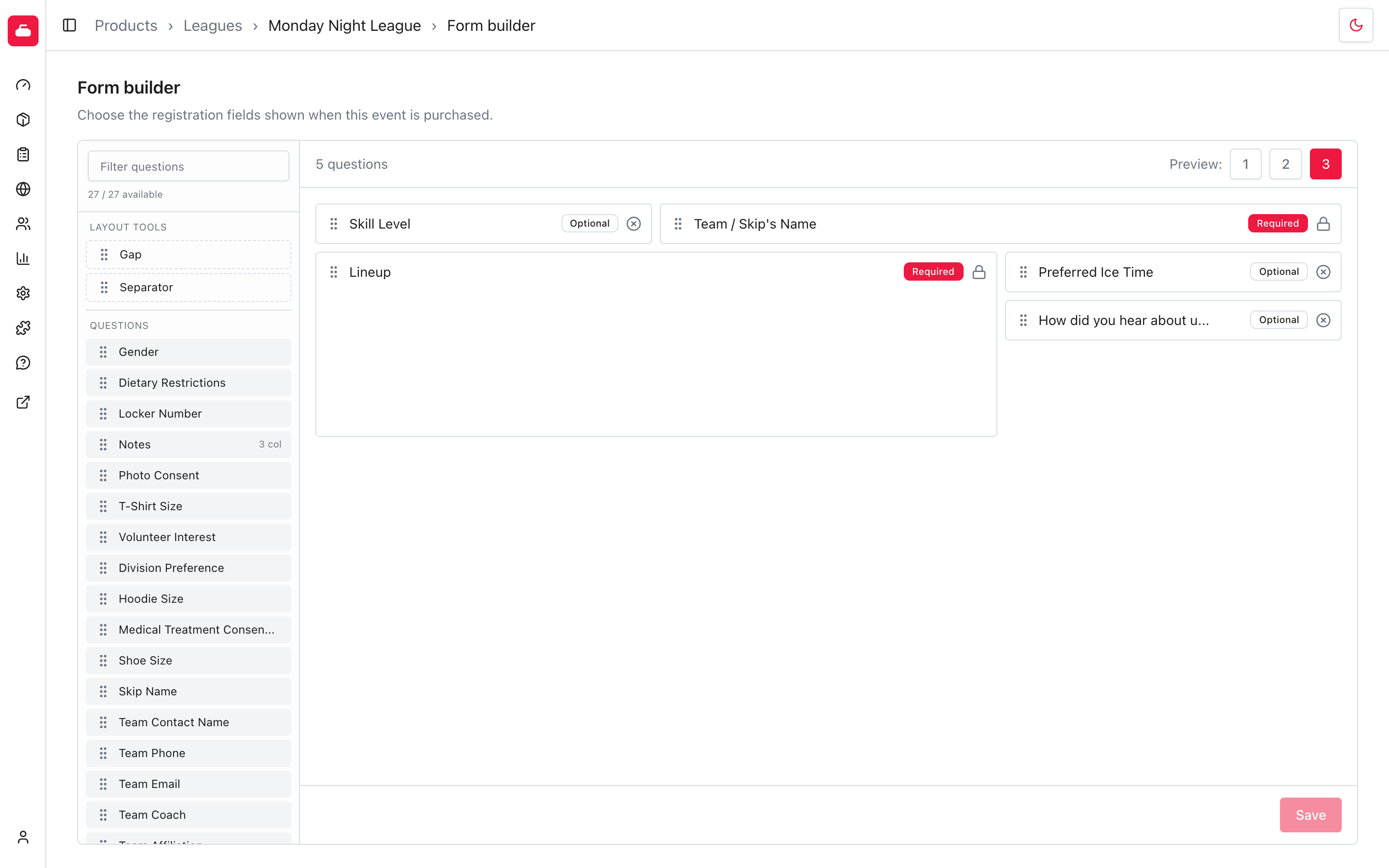 Available product questions, layout tools, preview controls, and the current product form canvas.