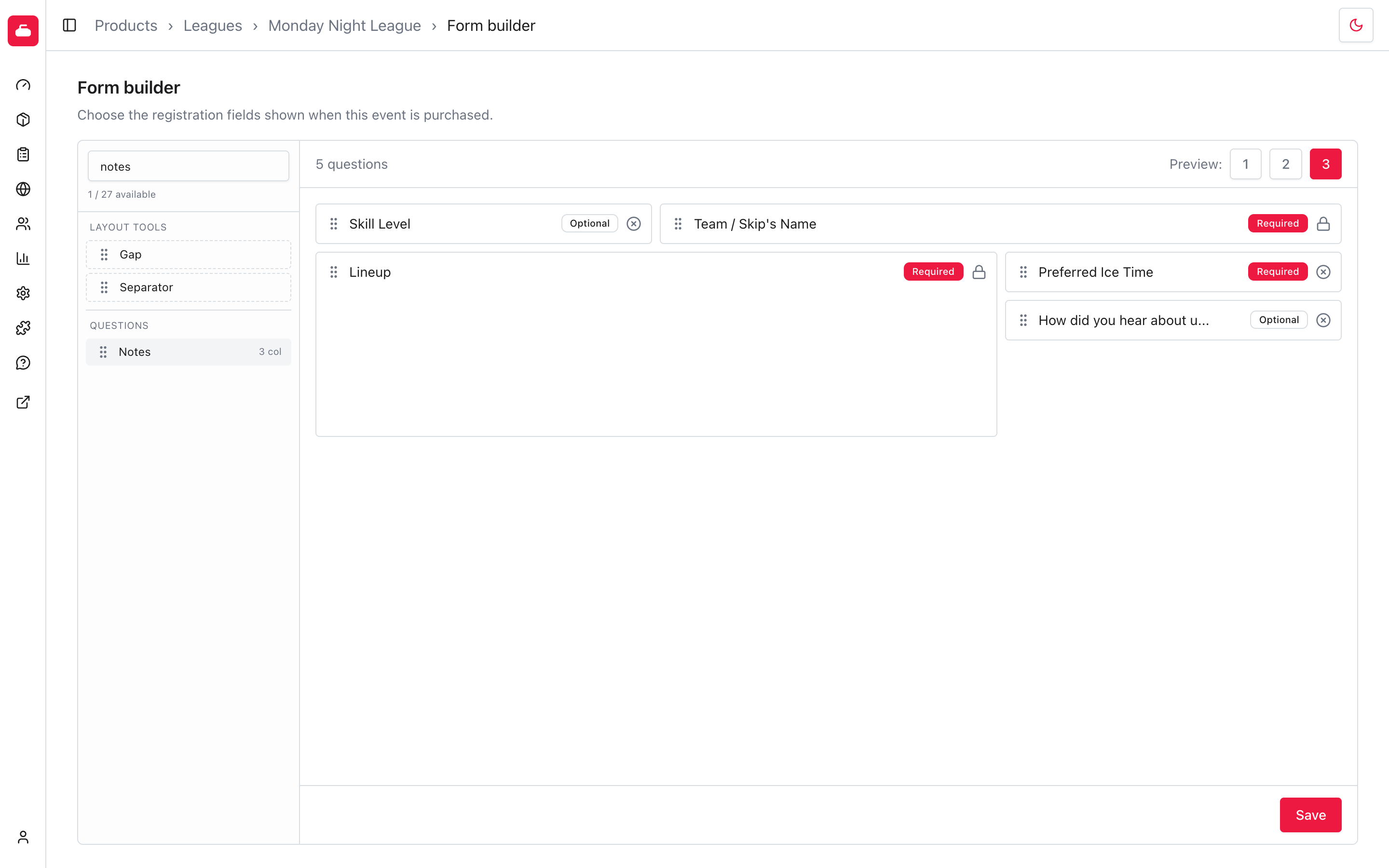 Filtered available questions with Preferred Ice Time changed from Optional to Required on the canvas.
