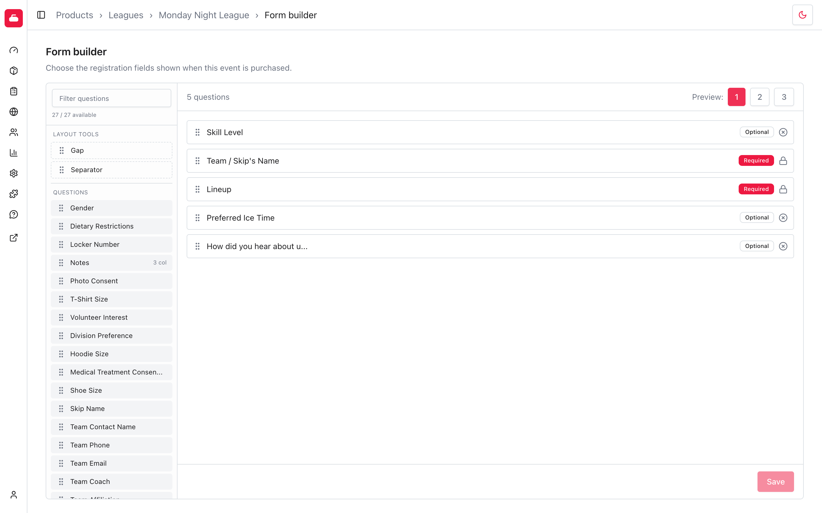 Product form canvas previewed in one column.