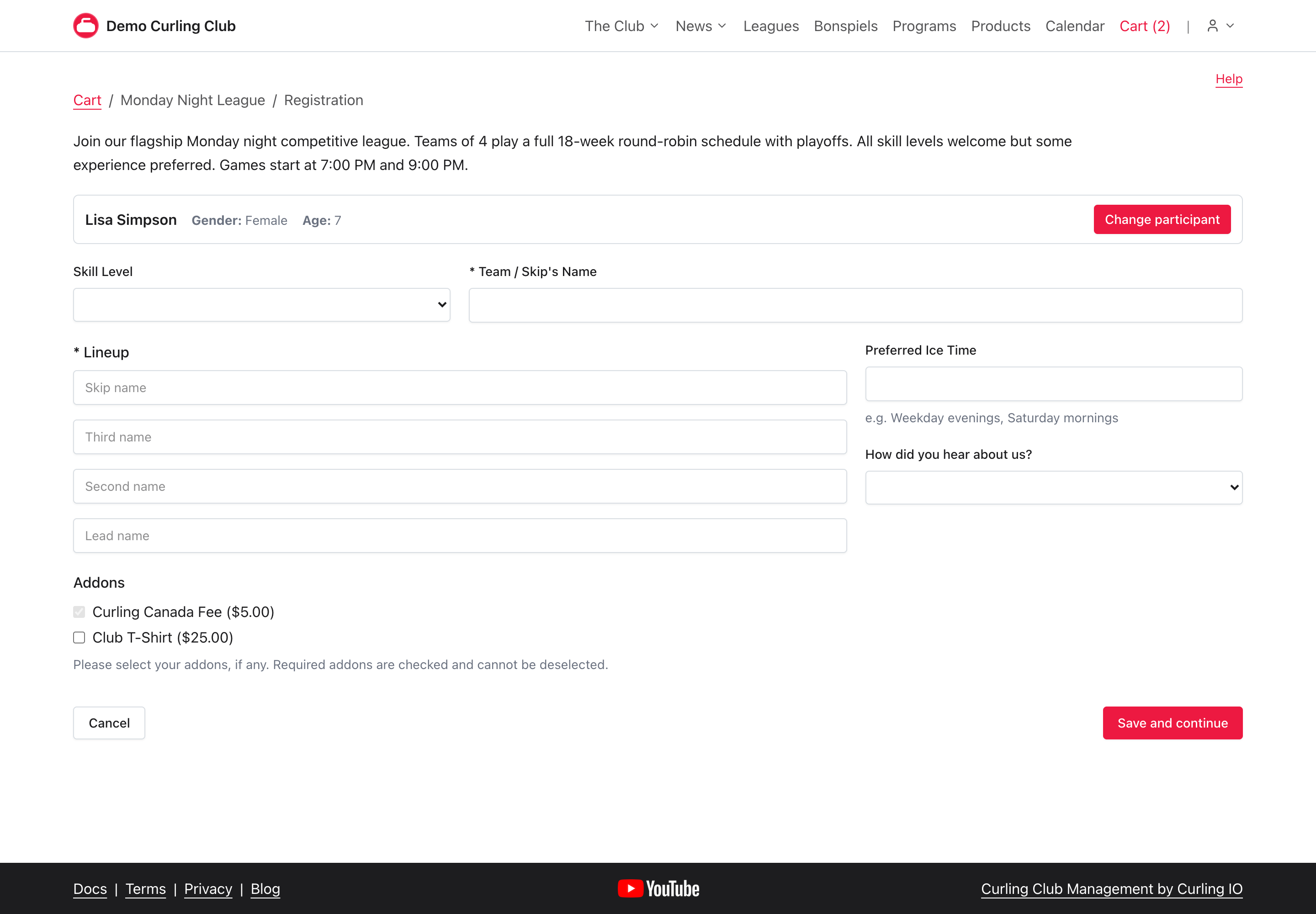Public Monday Night League registration form showing product questions in the Canuck theme.