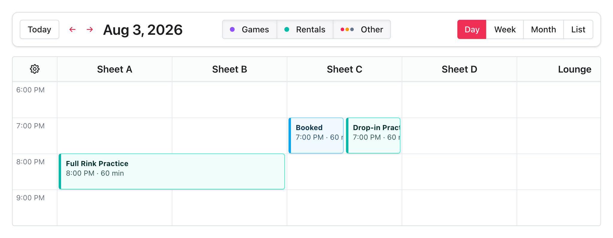Full Rink Practice shown as one grouped rental across Sheet A and Sheet B.