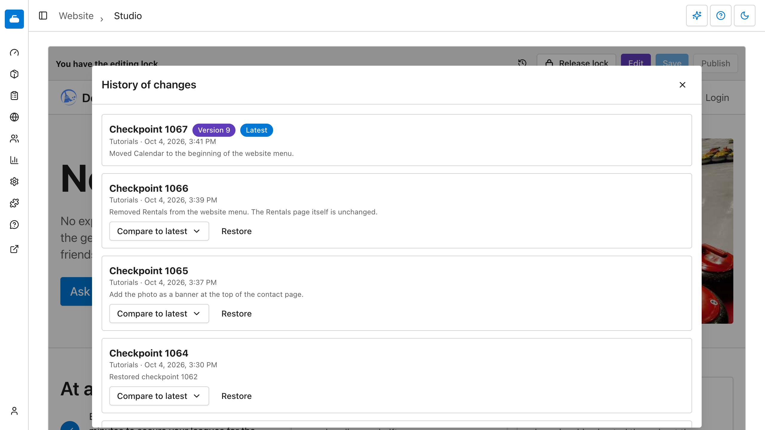 Website history showing an unpublished checkpoint, the published version, Compare to latest, and Restore.