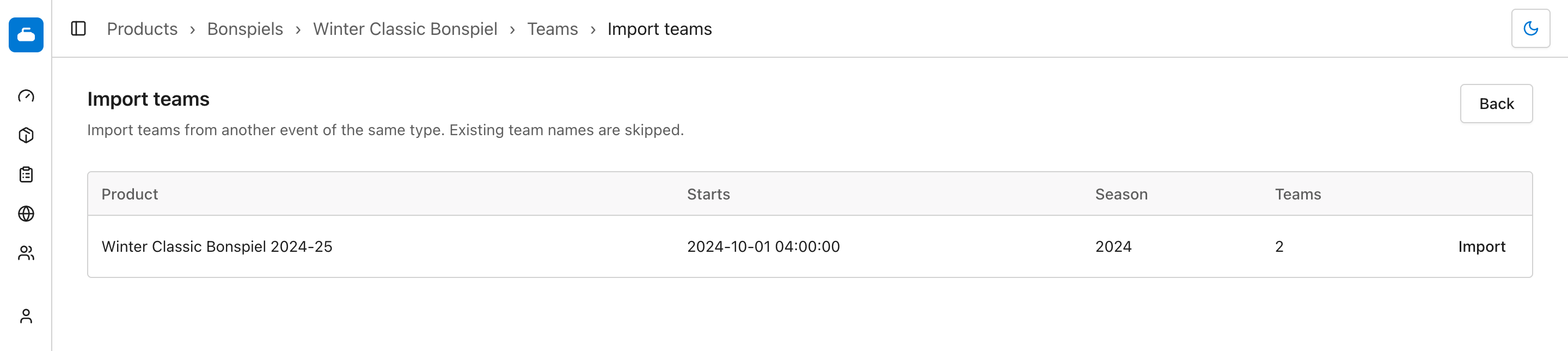 Eligible event available for team import