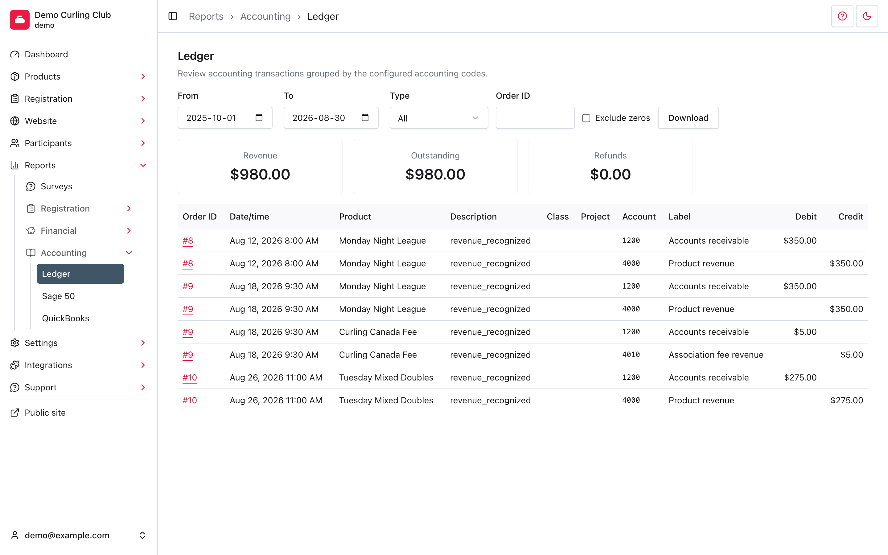 Ledger report with transaction filters, summary amounts, account codes, and balanced debit and credit rows.