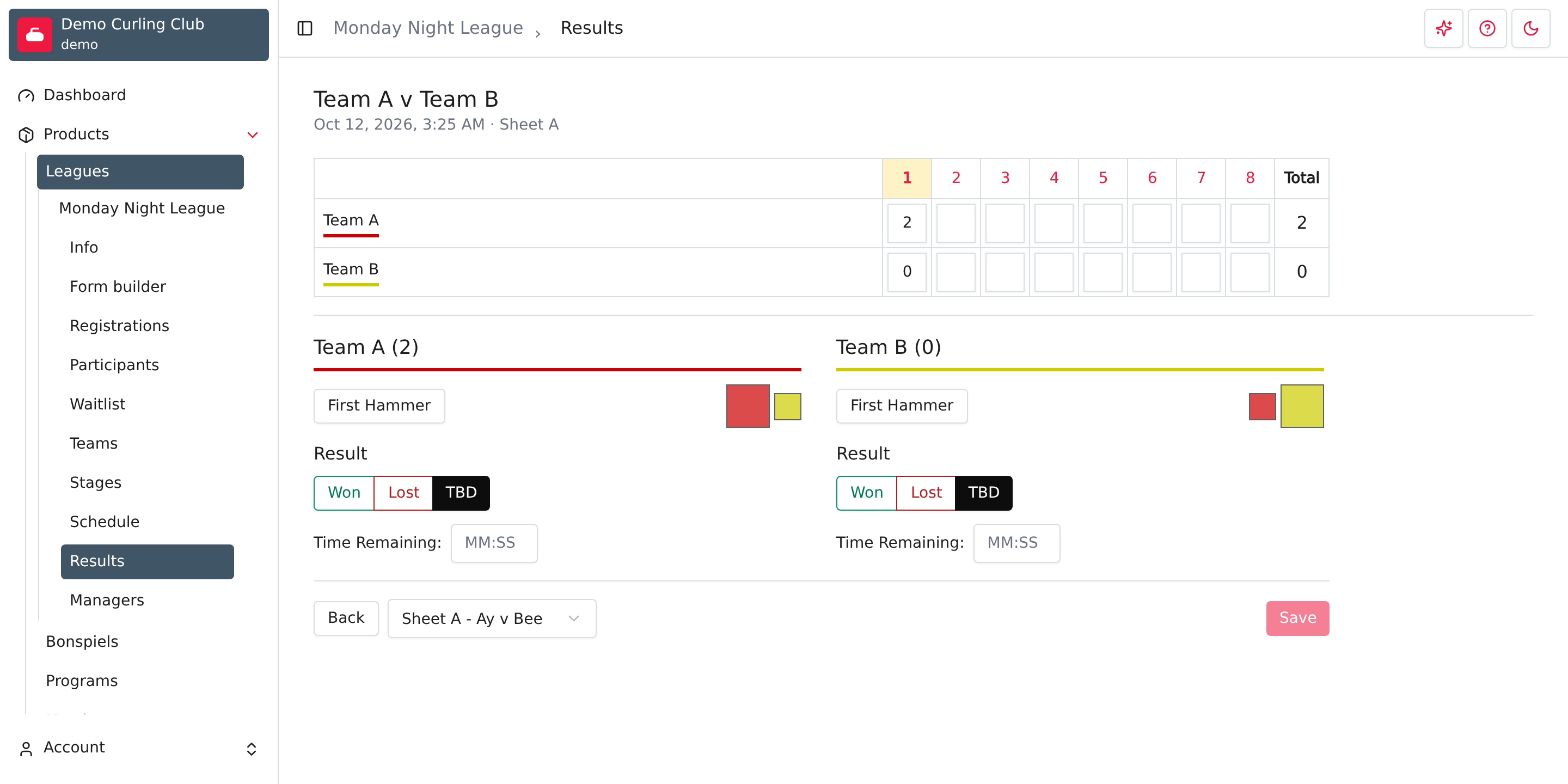 Results editor with a saved first end of 2 to 0 and the Results navigation highlighted.