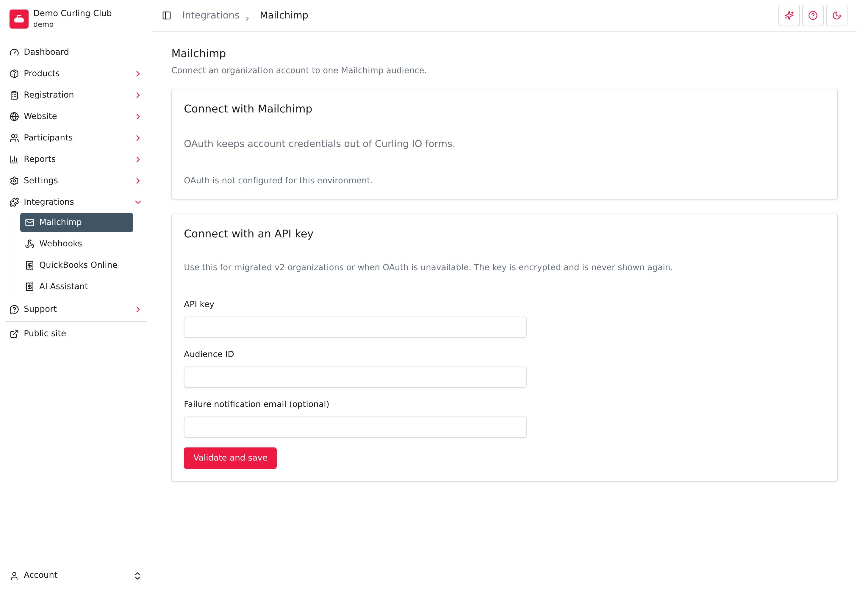 Mailchimp settings before connecting, with the API key form and a notice that Mailchimp sign-in is unavailable.