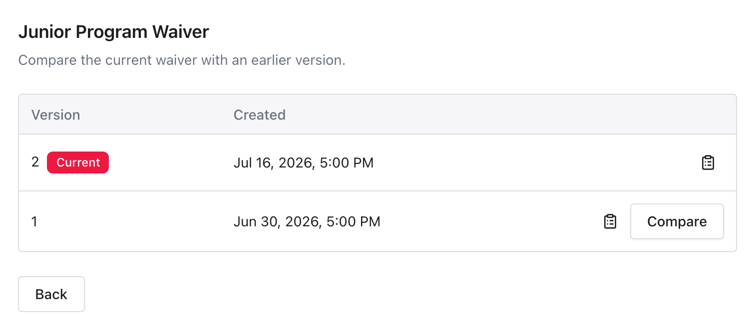 Managed waiver versions showing the current association template version and an earlier version.