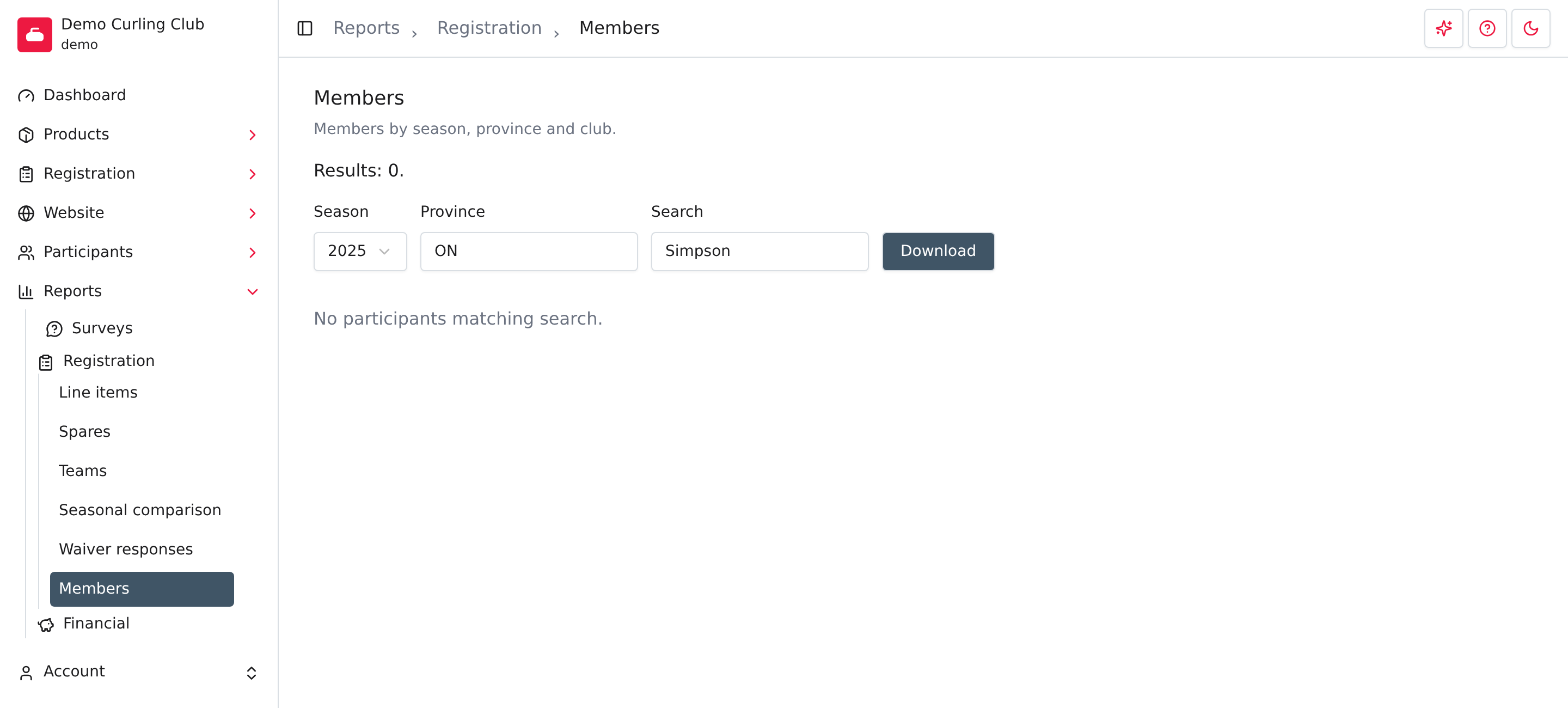 Members report with season, province and search filters, and no imported records