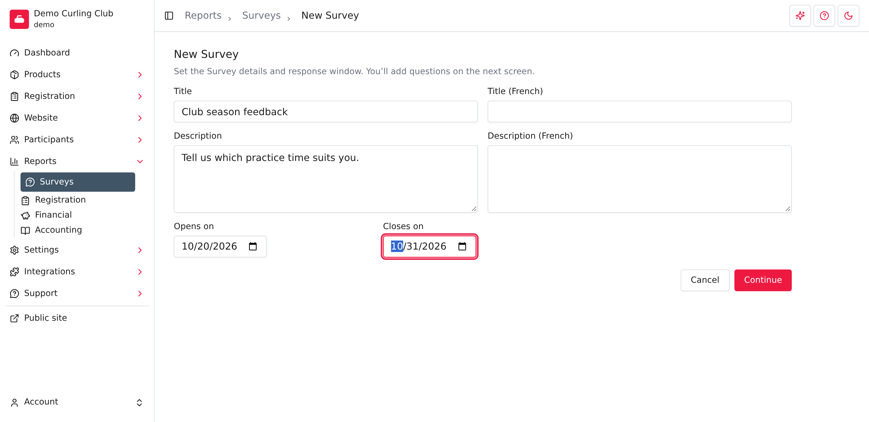 New club survey with its title, description and response dates.