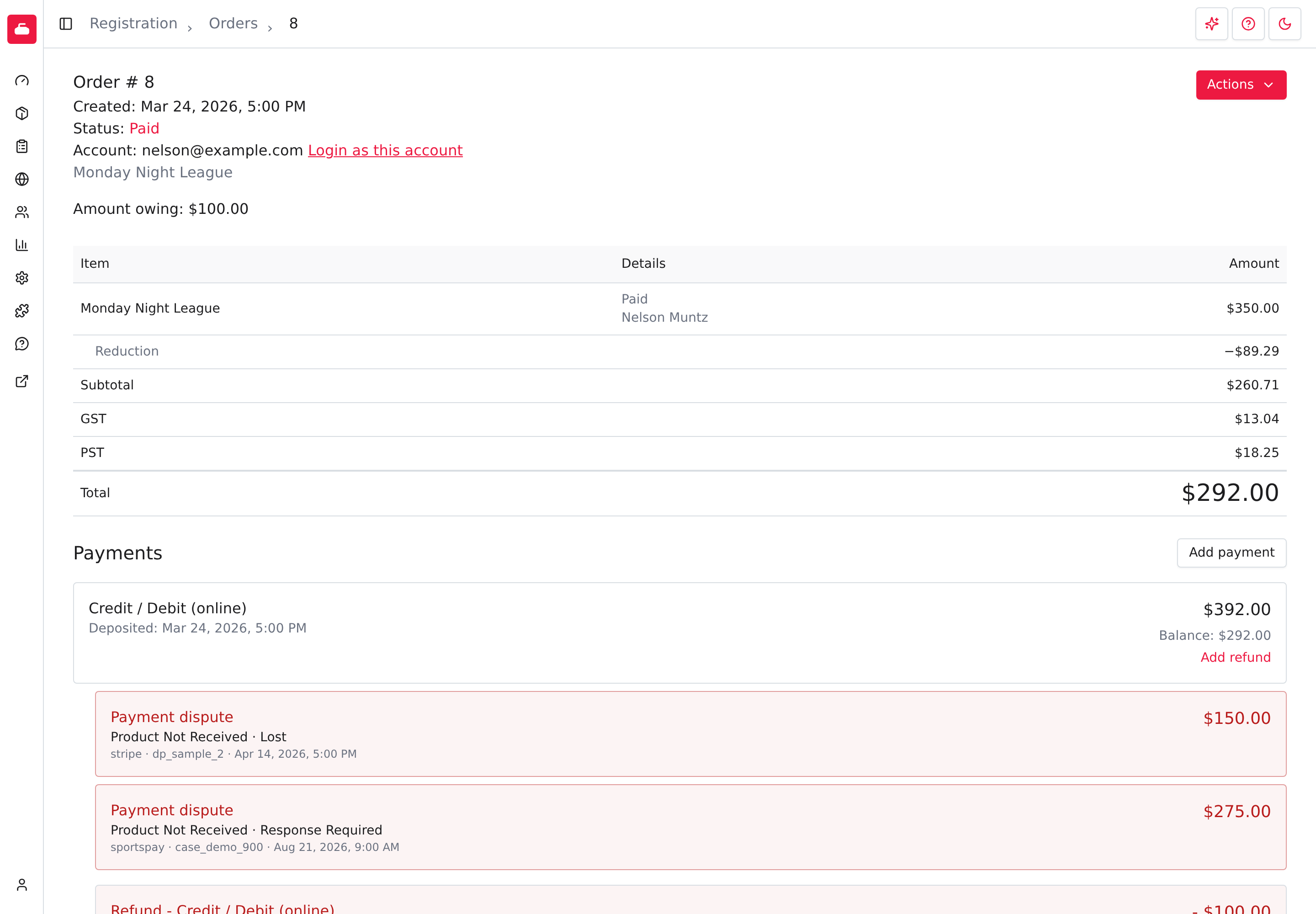 Paid Order with two Payment disputes shown beneath the disputed online payment.