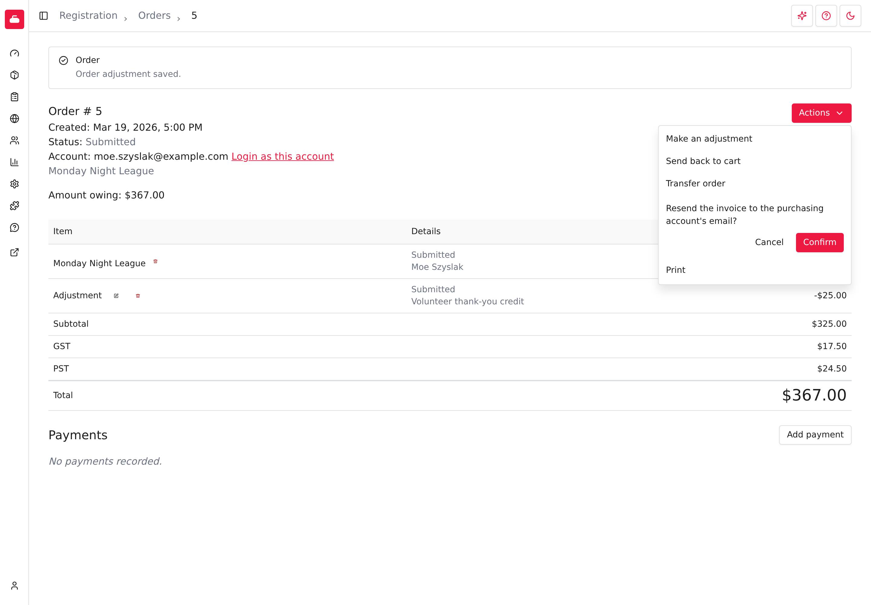 The Resend invoice question in the Actions menu, with Cancel and Confirm.